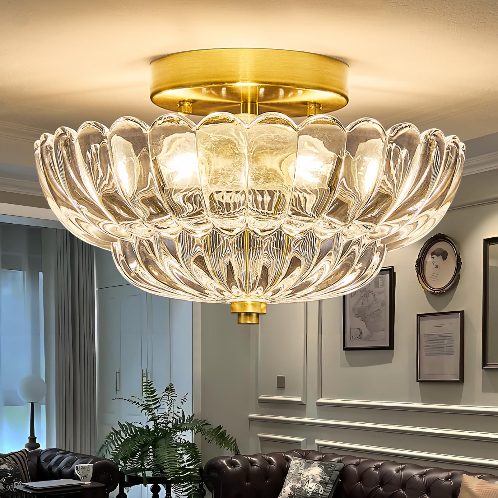 IUEST  Mid Century Modern Gold Semi Flush Mount Ceiling Light Fixture with Three Lights Flower Glass for Bedroom Hallway Kitchen Foyer Bathroom