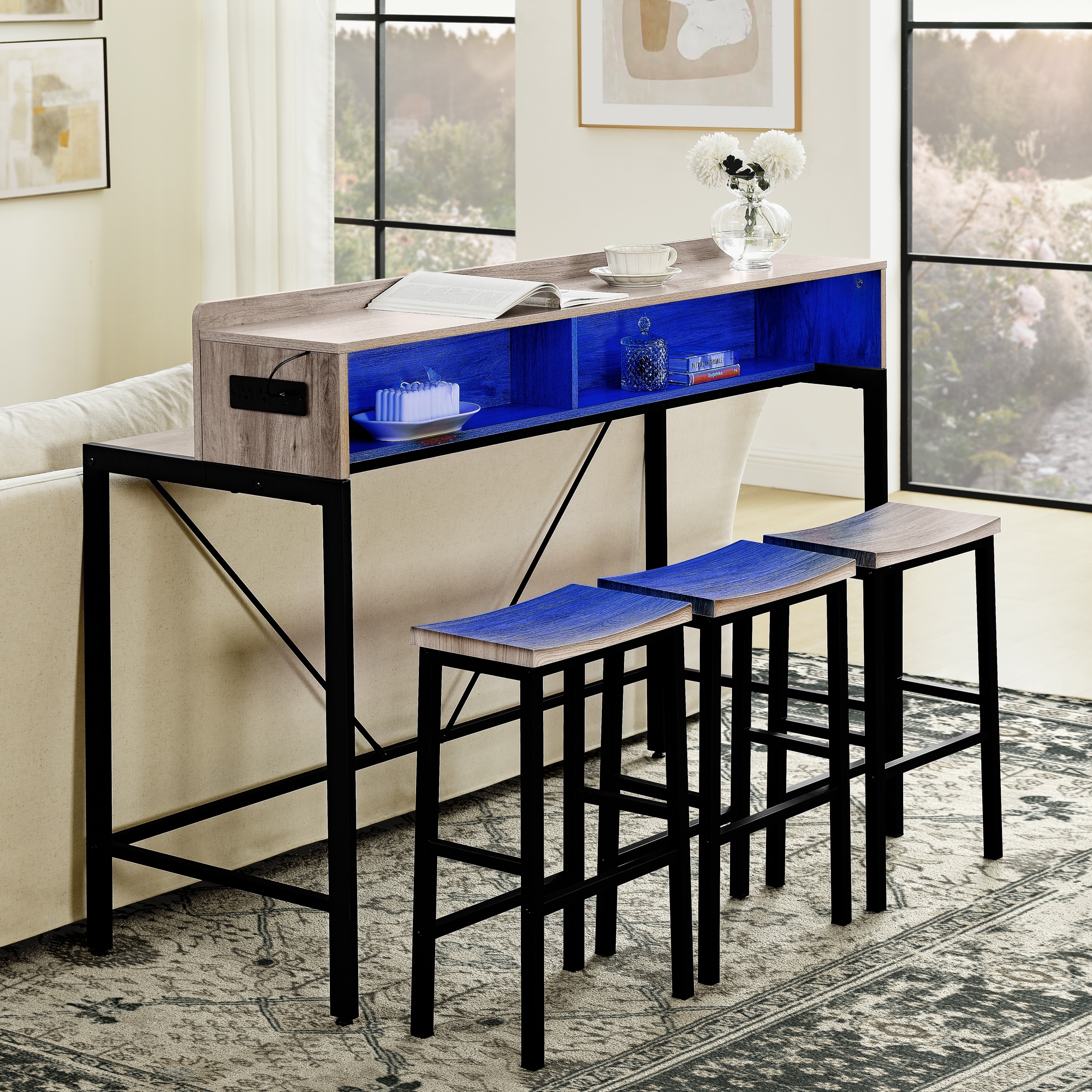 LOVMOR SF-Y-W2972P313230 59 inch Bar Table Dining Table Sofa Table with Power Socket and LED Light 3 Saddle Stools 4 Piece Bar Table and Chairs Set for Living Room Dining Room and Kitchen