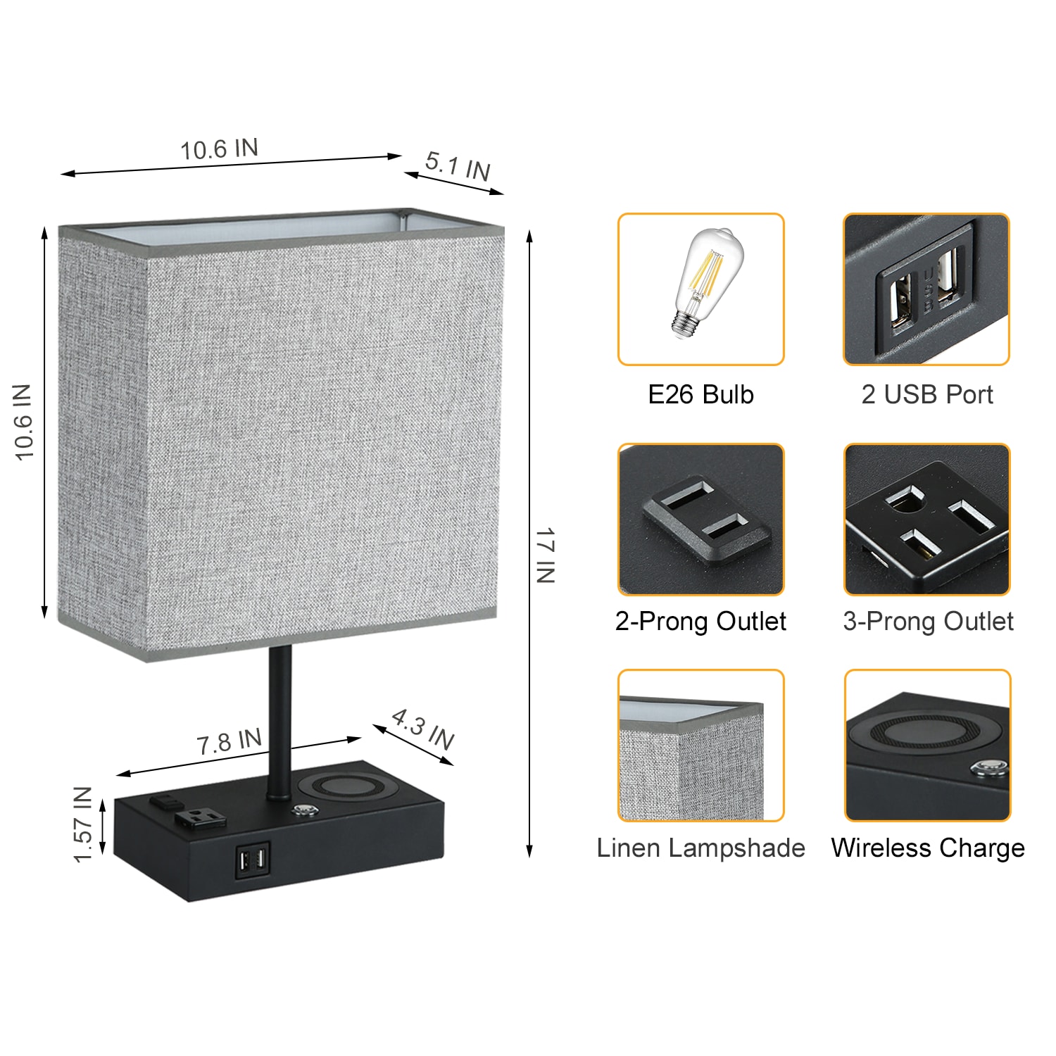 17 in. Black Wireless Charging Table Lamp with USB Port