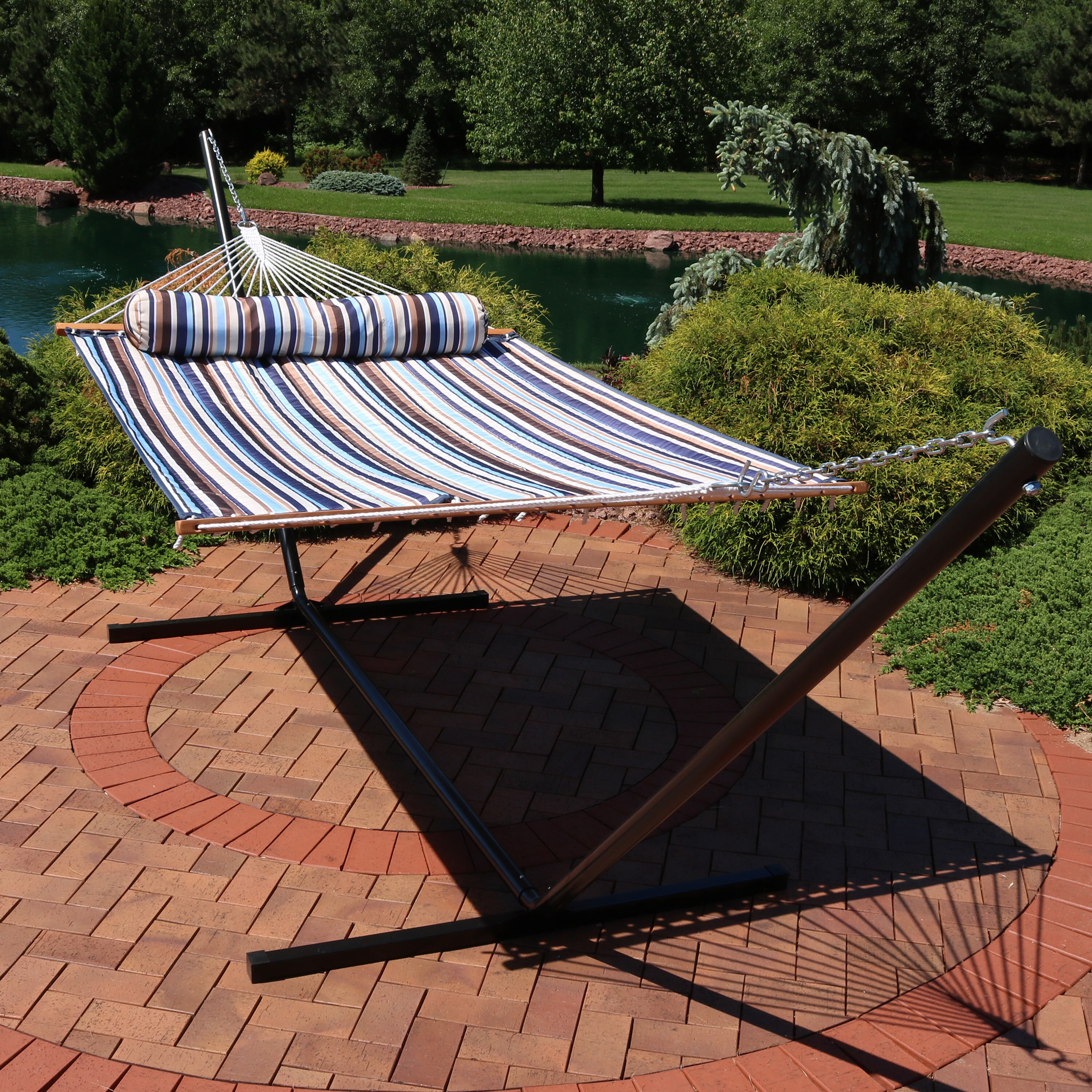 Sunnydaze Decor LY-QFH-OI-COMBO 2 Person Double Hammock with 12 Foot Portable Steel Stand Ocean Isle Fabric Hammock with Stand