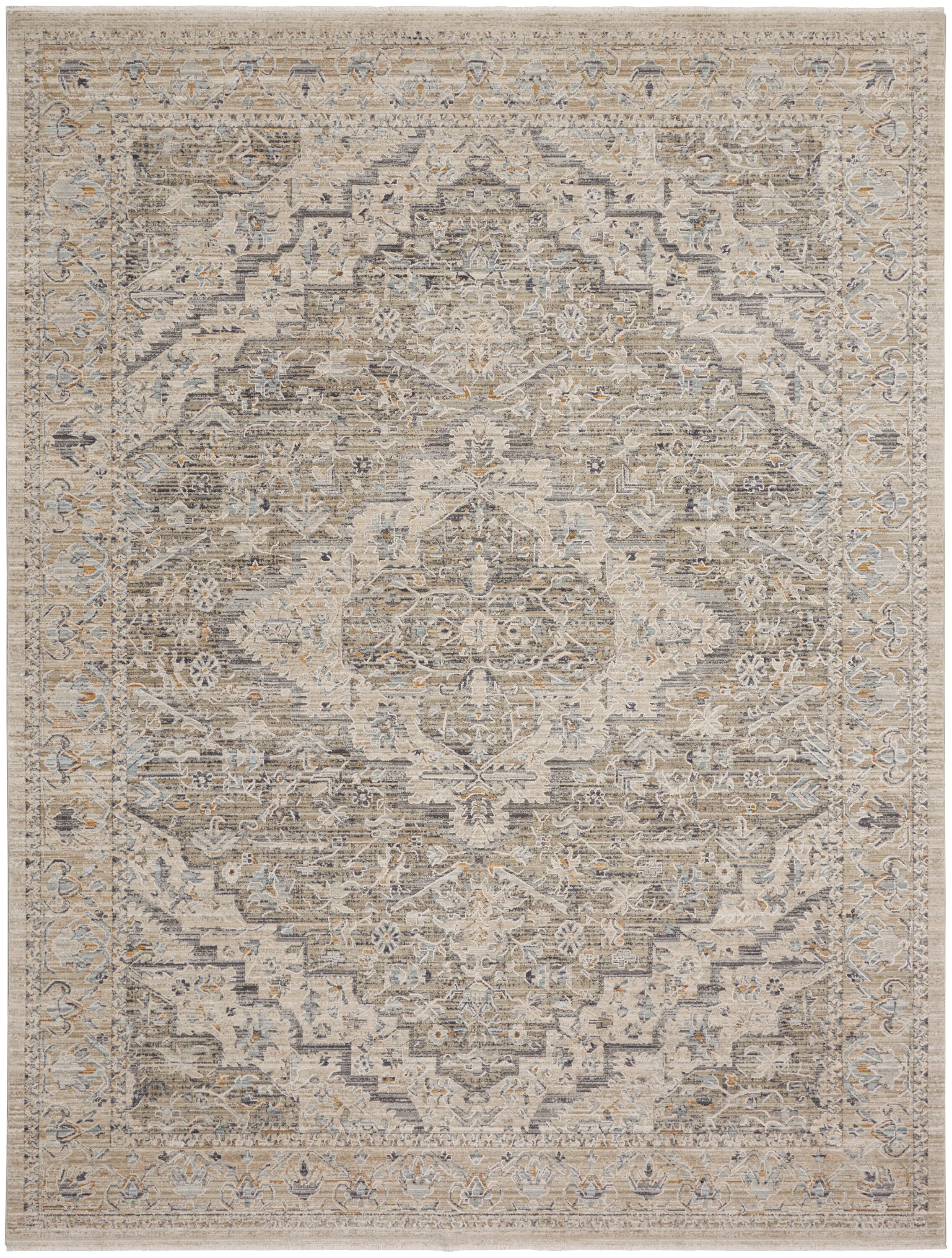 Ivory Taupe Floral Synthetic Round Washable Rug