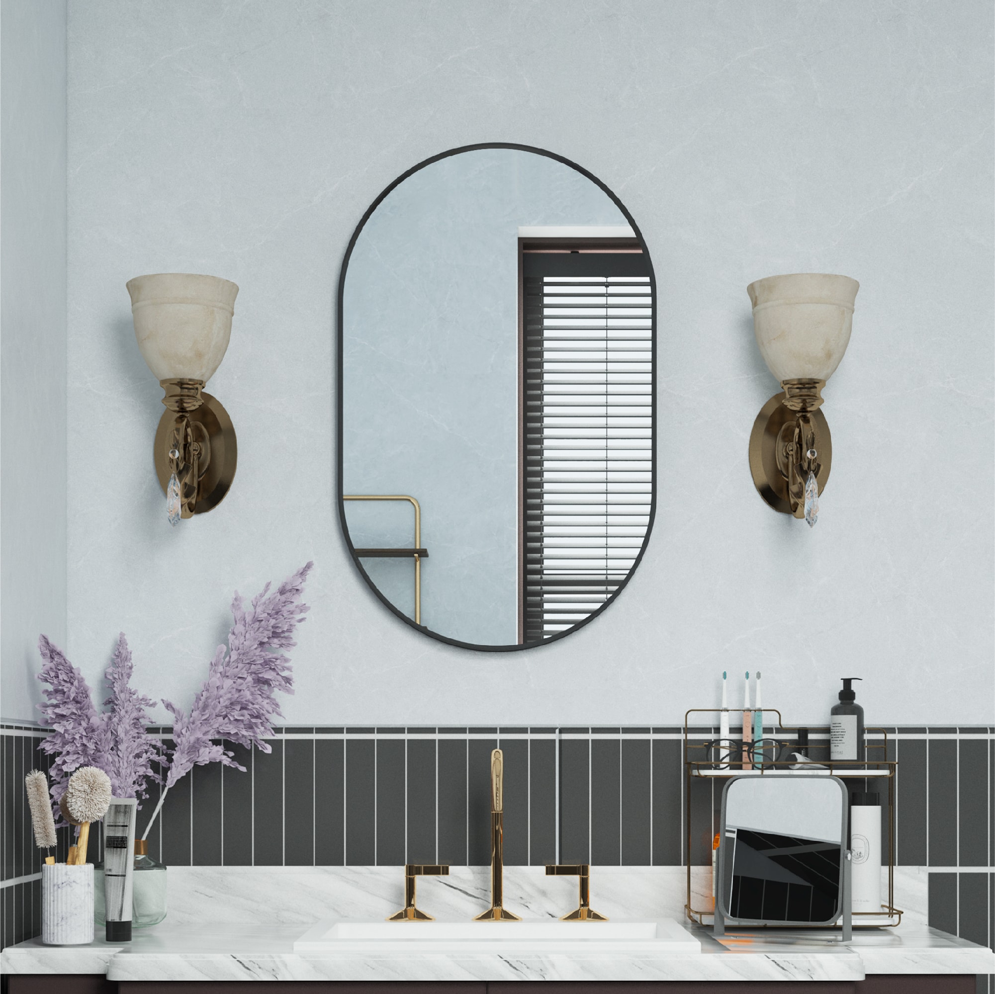 Forclover HF2MR2032MB 20-Inches W x 32-Inches H Oval Matte Black Framed Wall Mirror