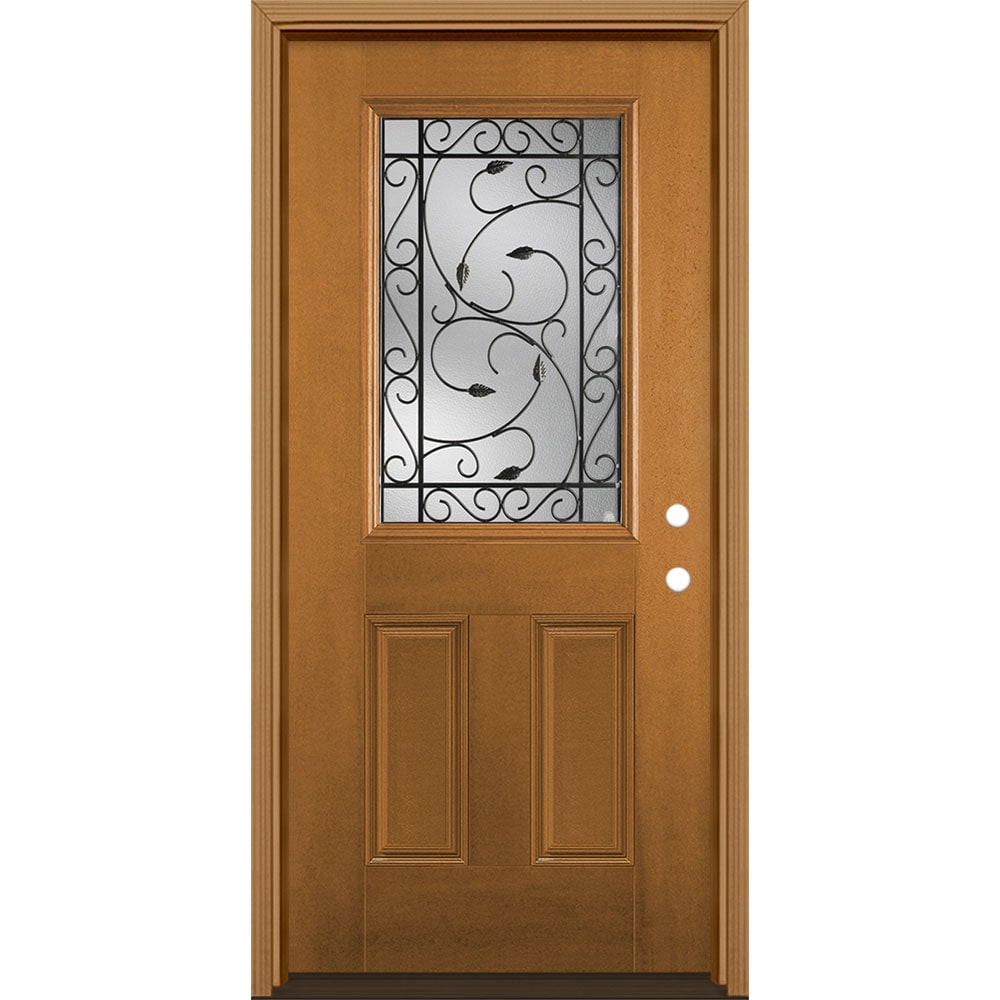 Masonite 3422361 Pergola 36-in x 80-in x 4-9/16-in Fiberglass Half lite Left-hand inswing Oakcrest Stained Prehung Single door Front Door with Brickmould Insulating core Decorative glass
