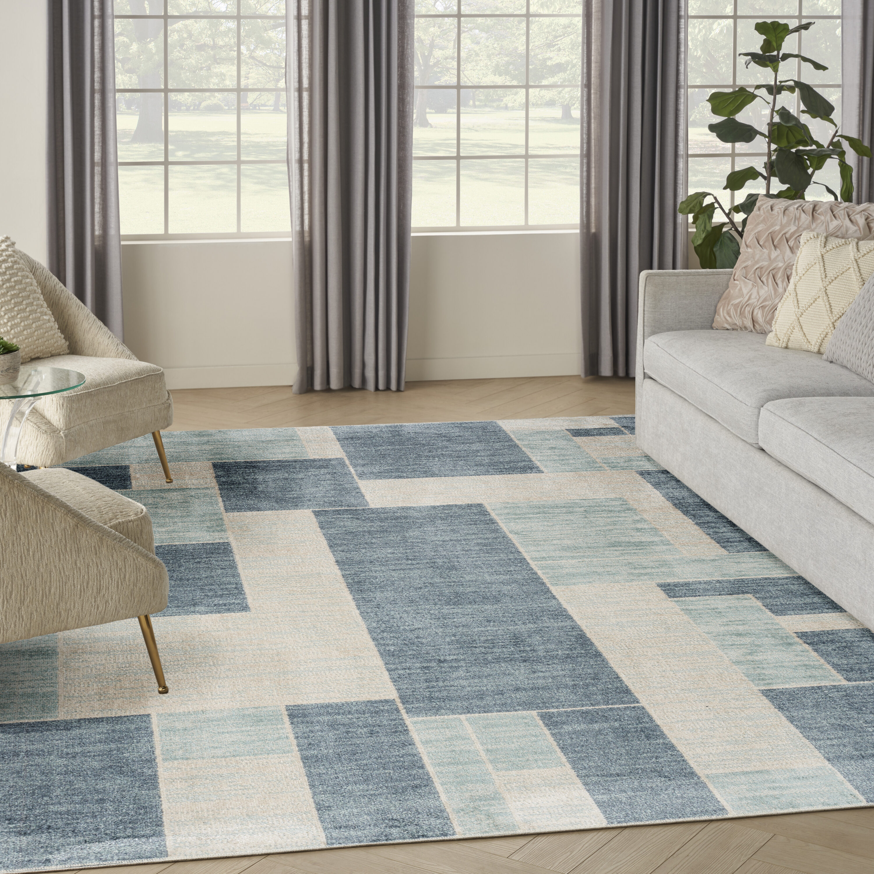 Nourison Home 099446944535 Astra Machine Washable 7 x 9 (ft) Loomed Polyester Blue Ivory Rectangular Indoor Geometric Mid-Century Modern Machine washable Area rug