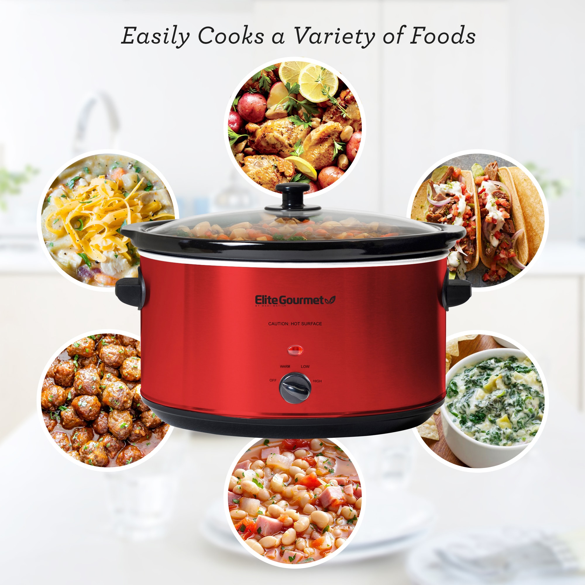 Elite 8.5-Quart Red Oval Slow Cooker with Stoneware Liner - Programmable,  Keep Warm Setting, Gourmet Stainless Steel Model