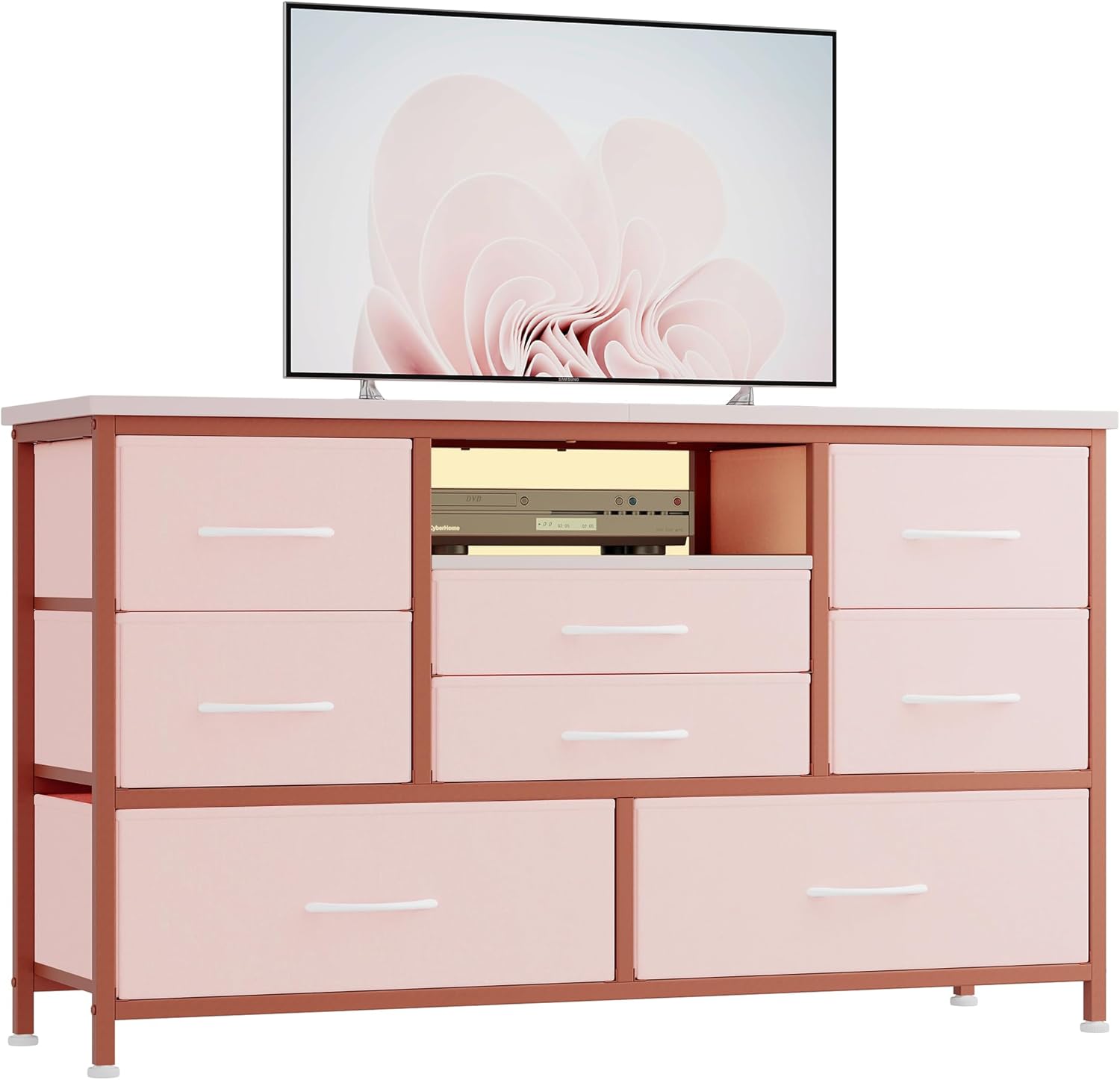 Der Rose TV STAND-005829 8 Drawer TV Stand with Power Outlet LED 47 Media Console Chest for Bedroom Living Room Farmhouse Pink