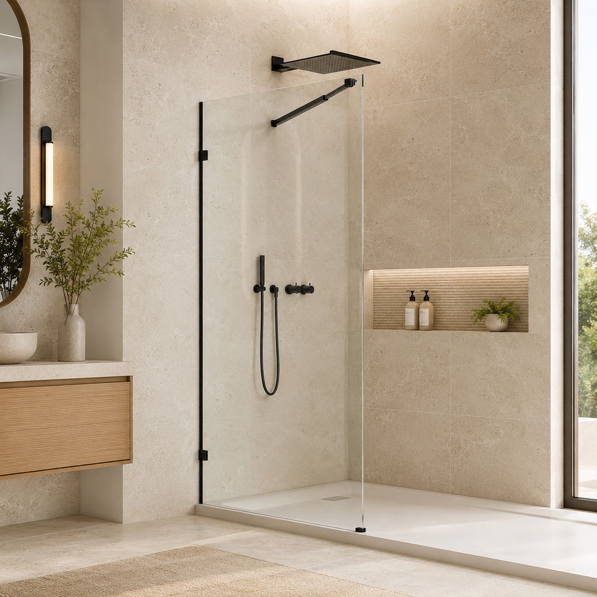HyperDrop Cart 36-in W x 76-in H Matte Black Frameless Clear Tempered Glass Fixed Shower Panel with Wall Clamp Safety Film and Nano Coating