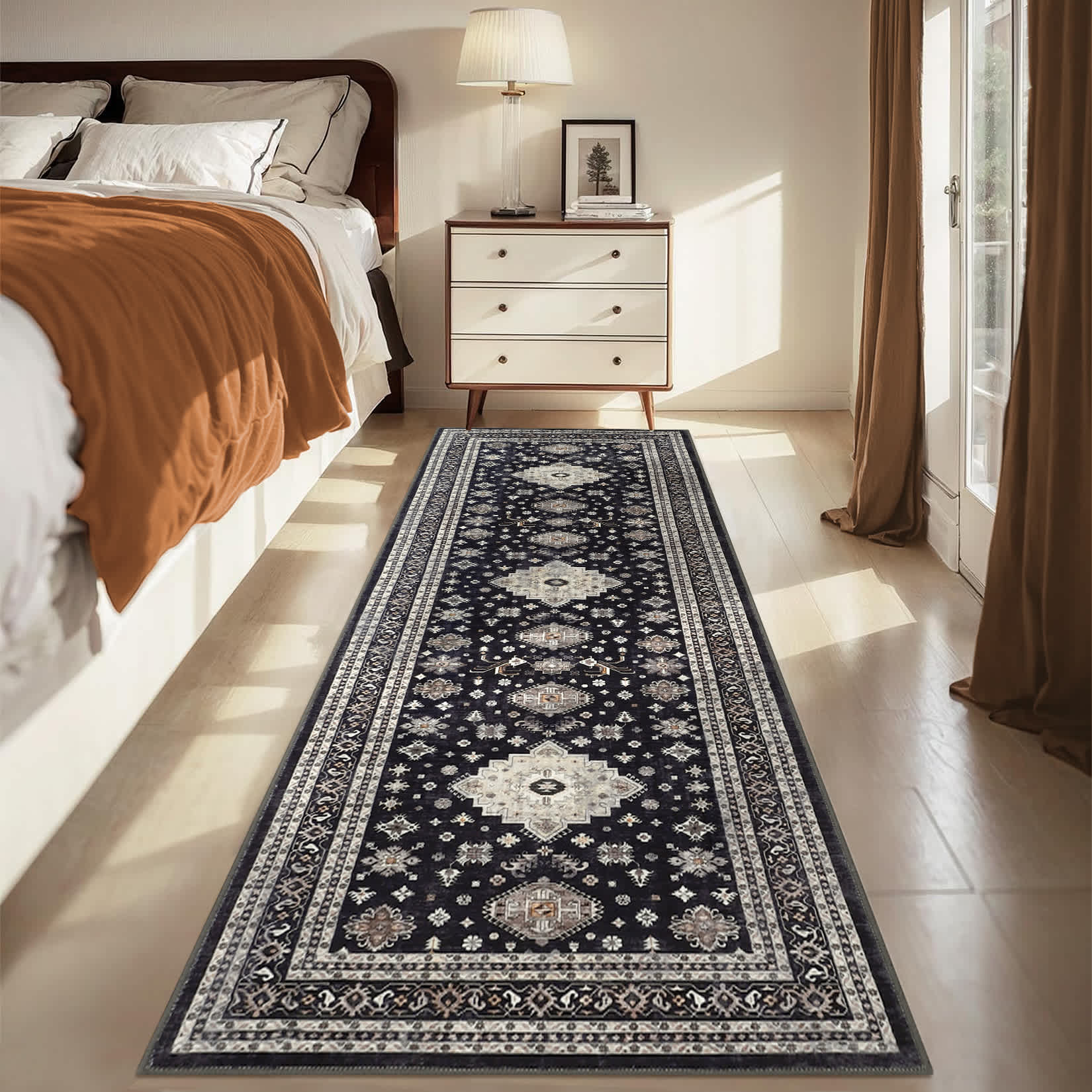 Qeetex LSN-PHO-33RNMX4S 2 x 6 ft Polyester Cashmere Black Rectangular Hallway Bathroom Entryway Kitchen Office Foldable Flower Printed Persian Washable Area Rug