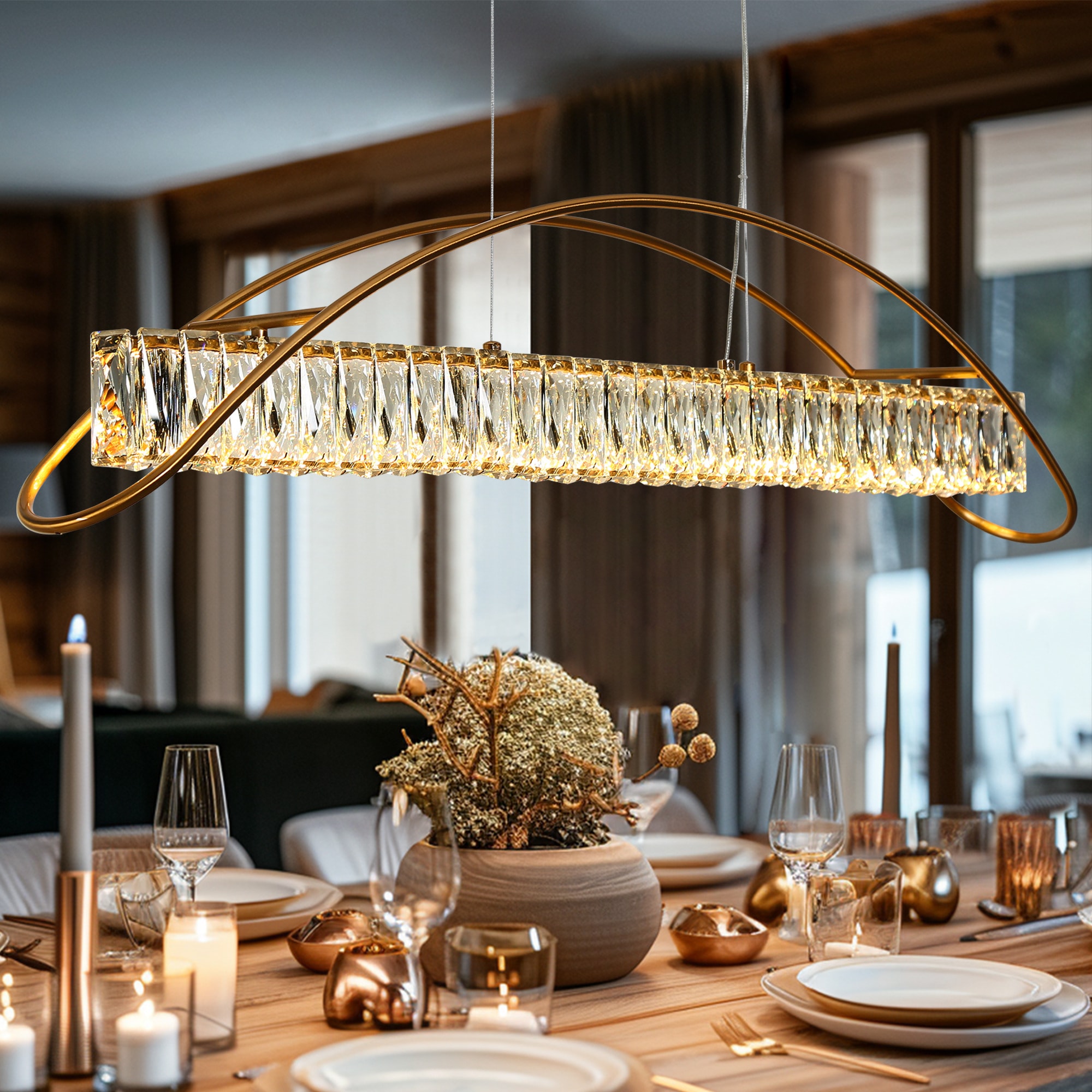 LNC HA05220 Cardoon 1 -Light 39.4-in Brass and Crystal Modern/contemporary Textured glass Geometric Integrated LED Large Hanging Kitchen island light