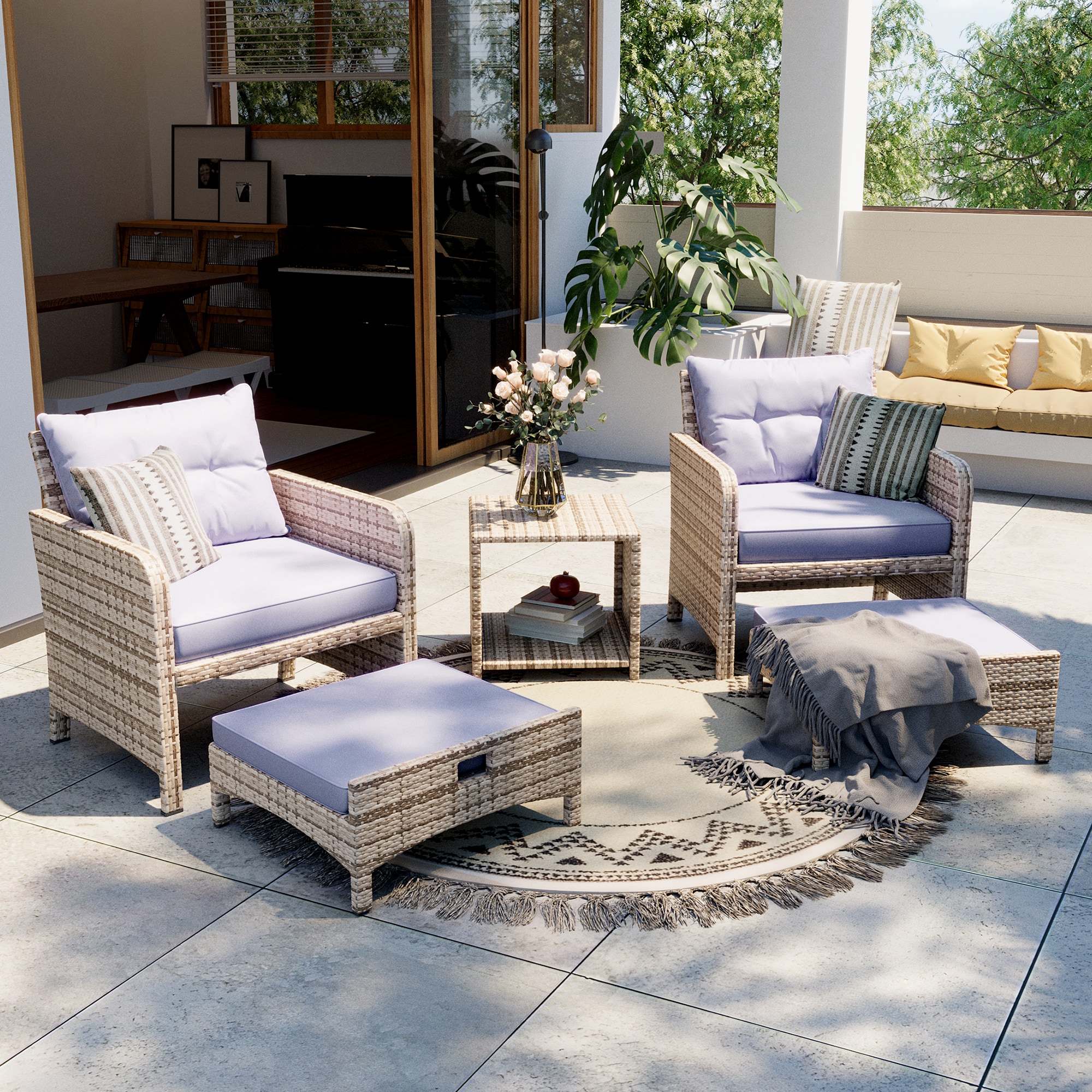 PamaPic BT-BJD5-WL1 5-Piece Patio Conversation Set 5 -Piece Wicker Patio Conversation Set with Purple Pamapic Cushions