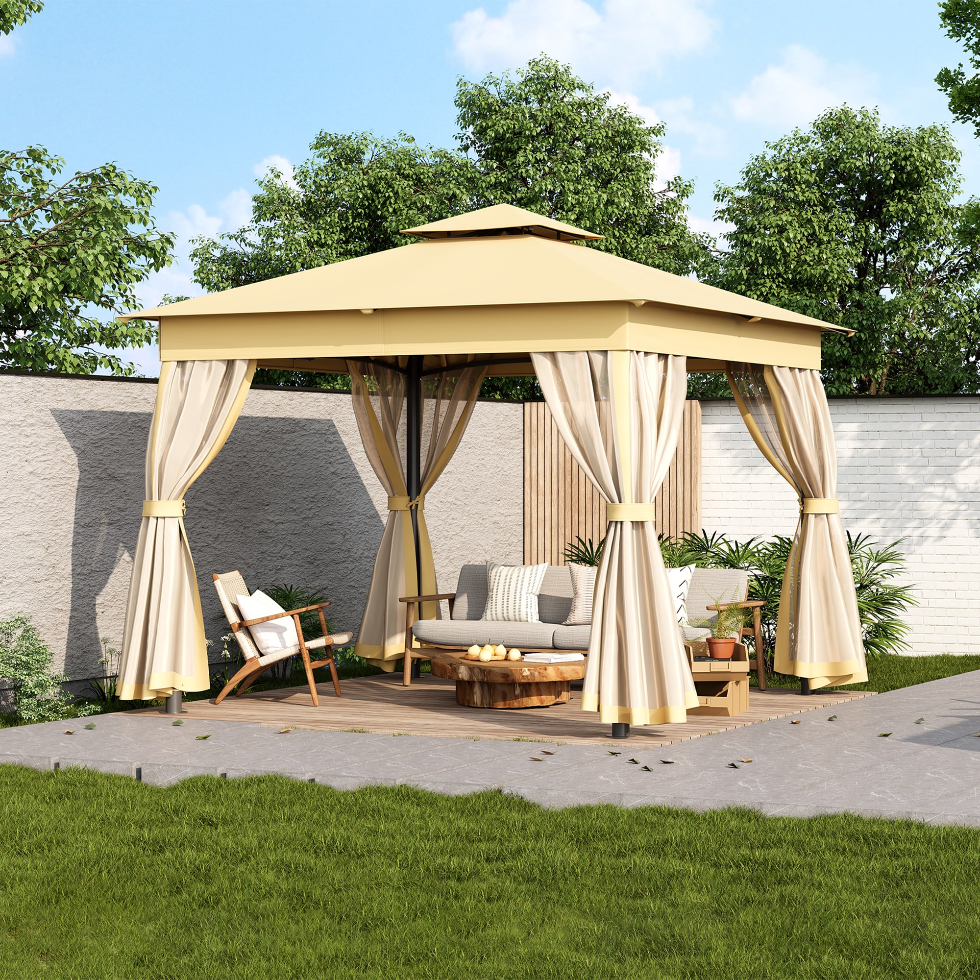ModernLuxe L-N715P261156A 8.9-ft x 8.9-ft 10x10 Outdoor Gazebo Tent with Double Roofs Beige Gazebo with Soft Top Roof (Screen Included)