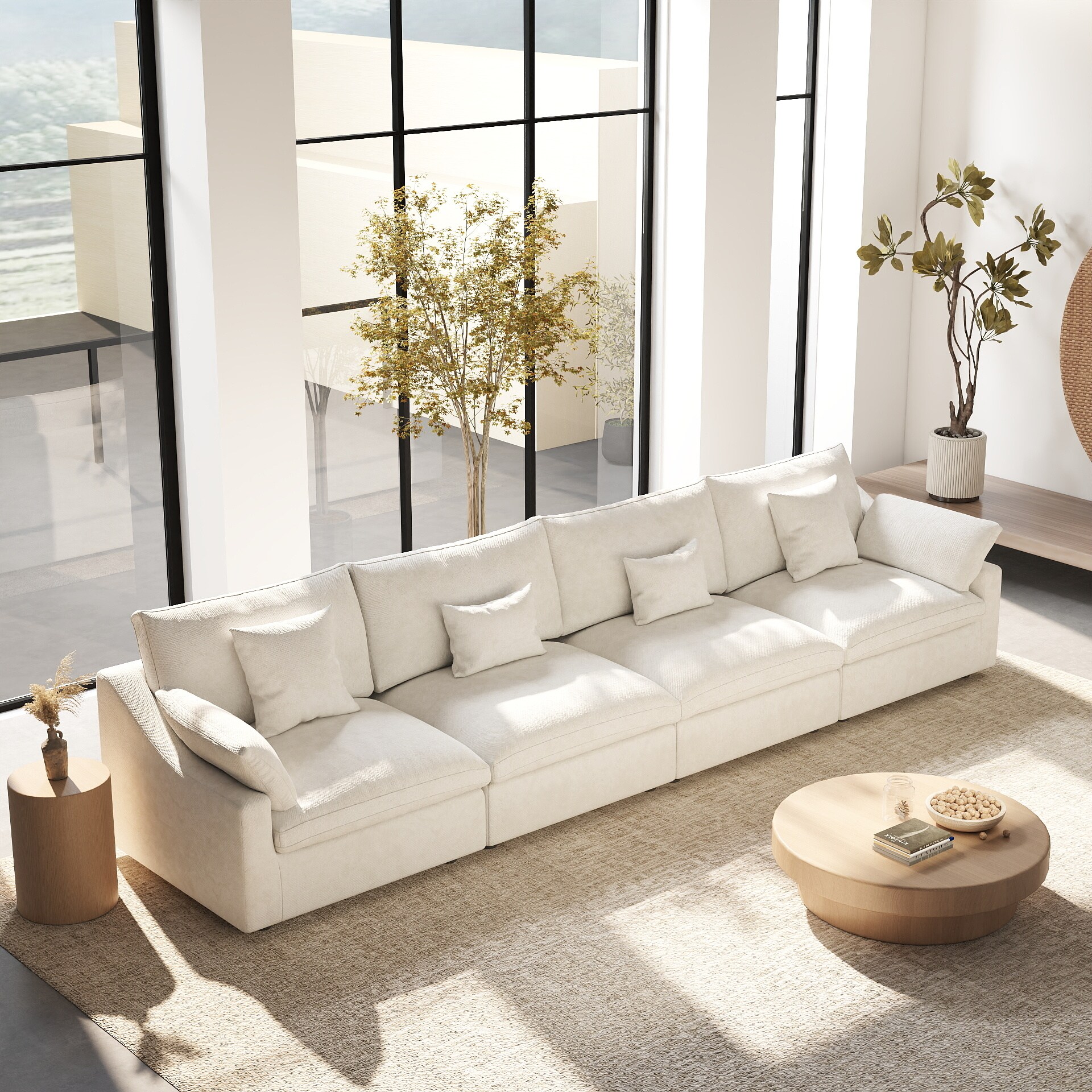 BuotiqHom DH-S4-140WE 156-in Modern White Linen 4 -seater Sectional