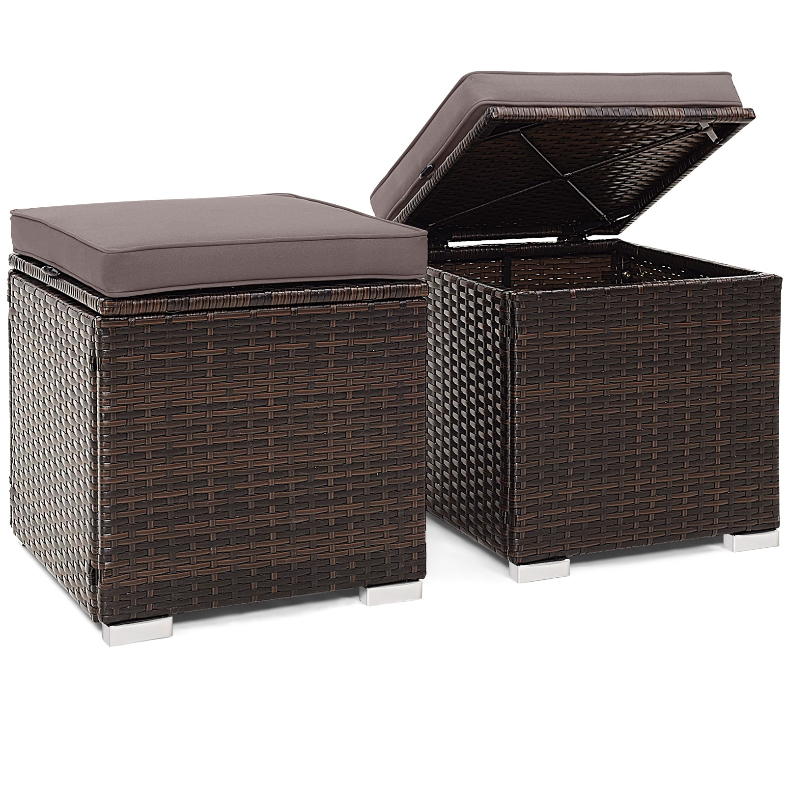 Slickblue D-CO-RG19507WH 2 Pieces- Outdoor Mix Brown PE Rattan Square Ottoman with White/ Gray Cushions and Hidden Storage for Patio Balcony Backyard Poolside Use