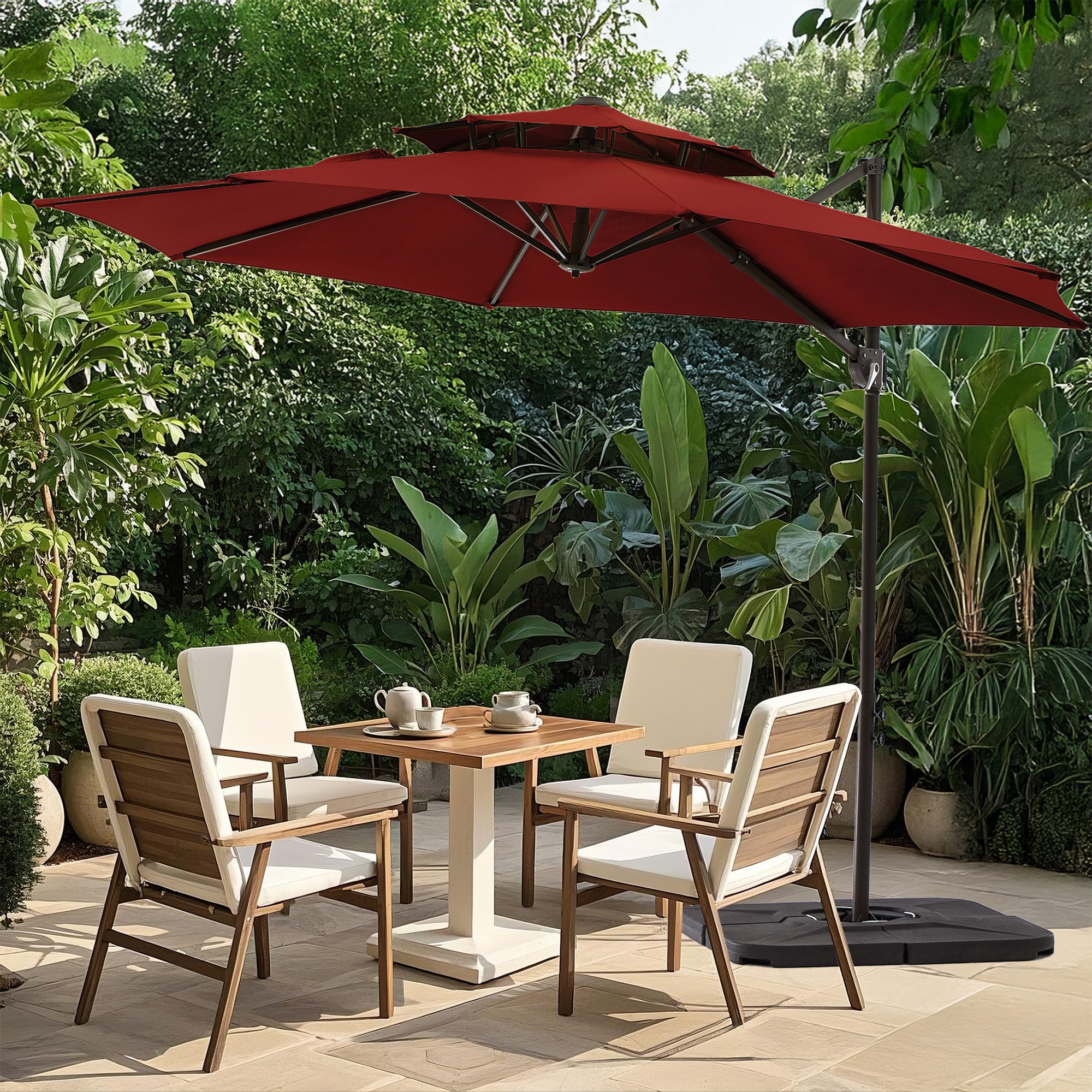VOUA JYLM-10-RD 10-ft Iron Red Crank Cantilever Patio Umbrella with Base