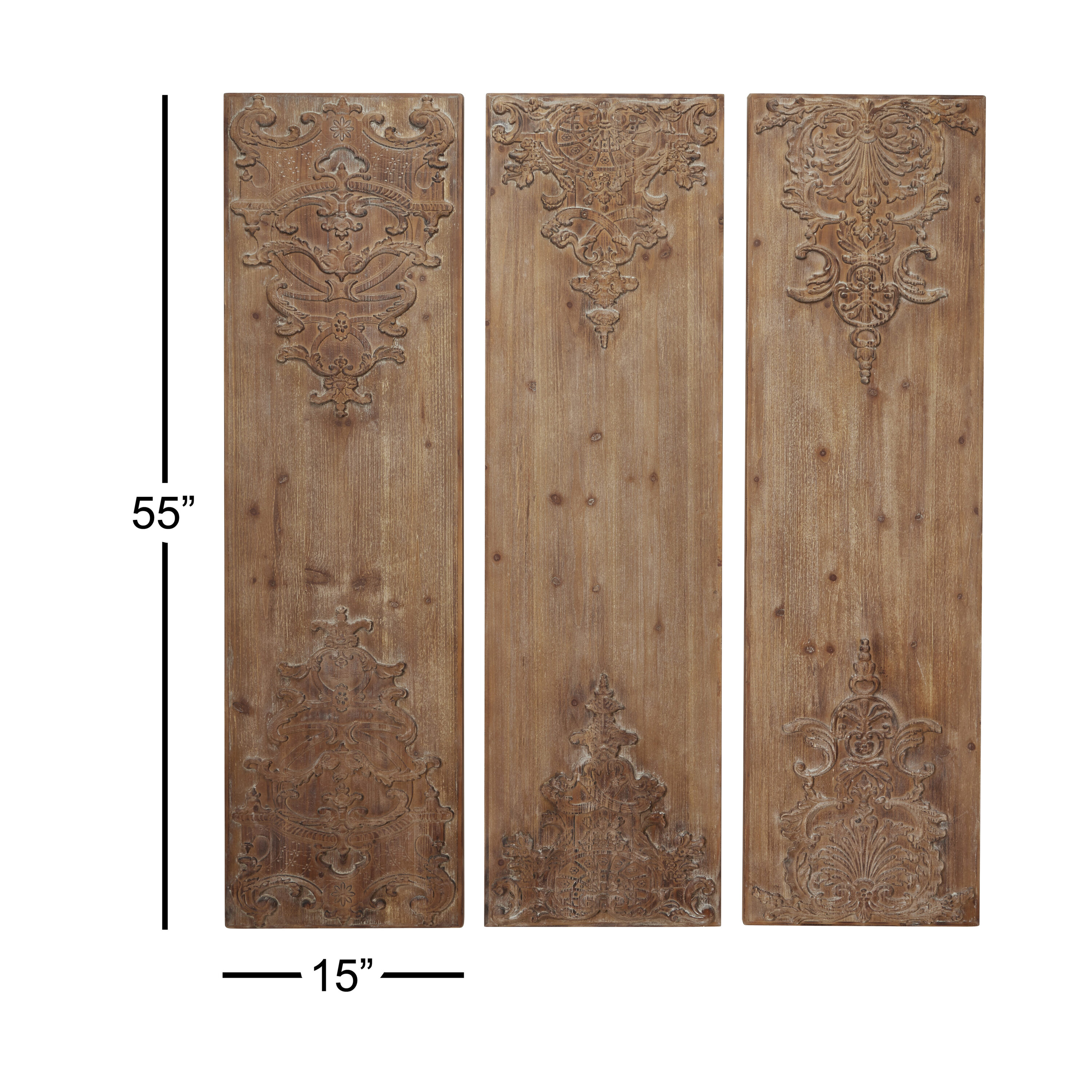 Brown Wood Carved Floral Antefix Wall Decor Set of 3