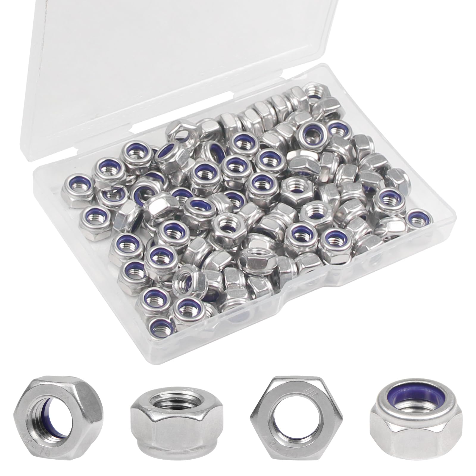 Phyfalip 100PCS M6 Nylon Insert Hex Lock Nuts 304 Stainless Steel ...