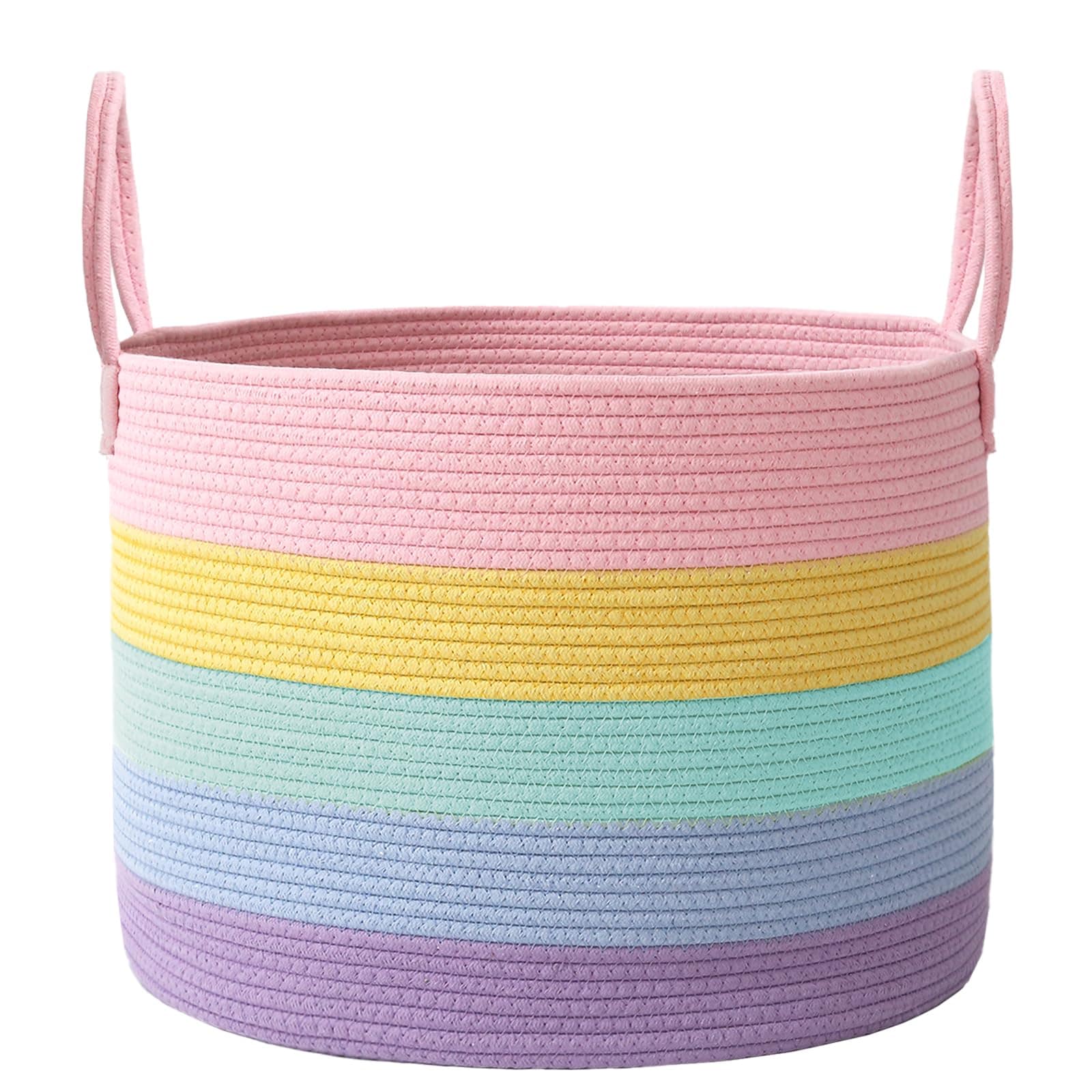 PIGFDK Rainbow 115L  Extra Large Woven Cotton Rope Storage Basket Reinforced Handles Washable Collapsible Blanket Hamper