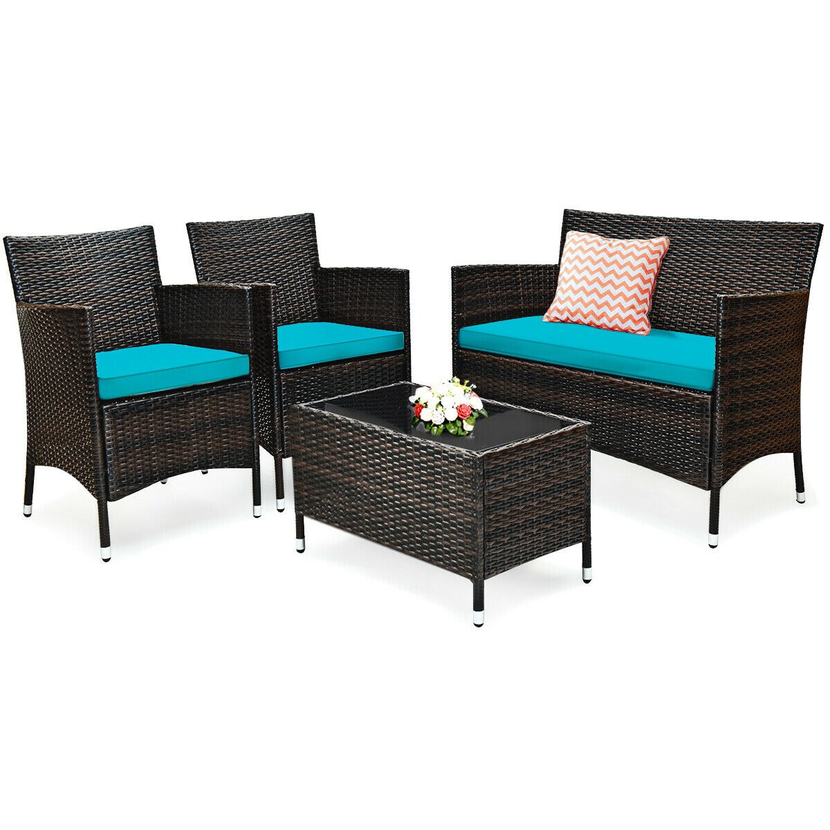 WELLFOR CTU-TW13-4 Rattan Patio Conversation Set with Turquoise Cushions (4-Pack)