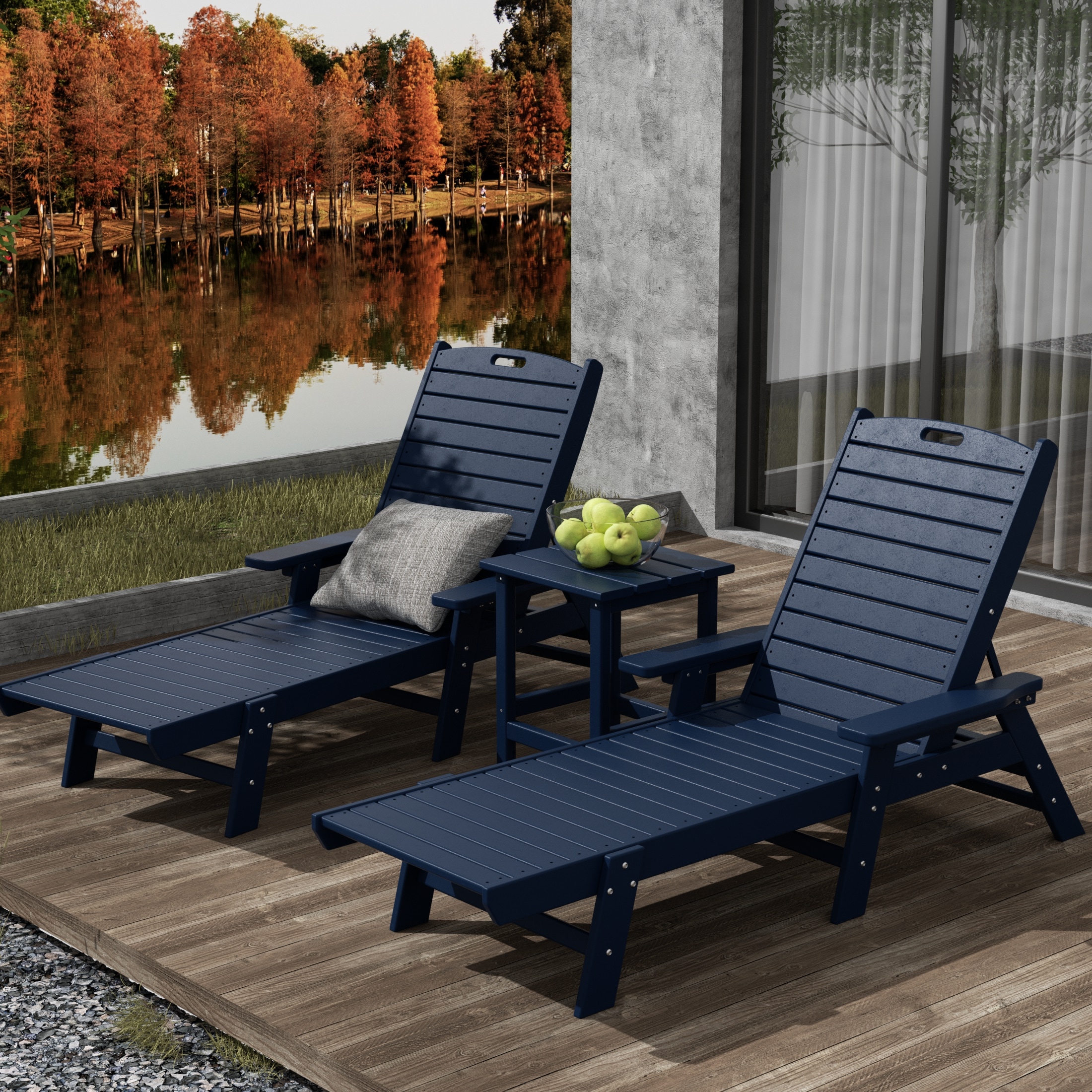 Laguna White HDPE Outdoor Patio Reclining Chaise Lounge Set with Side Table