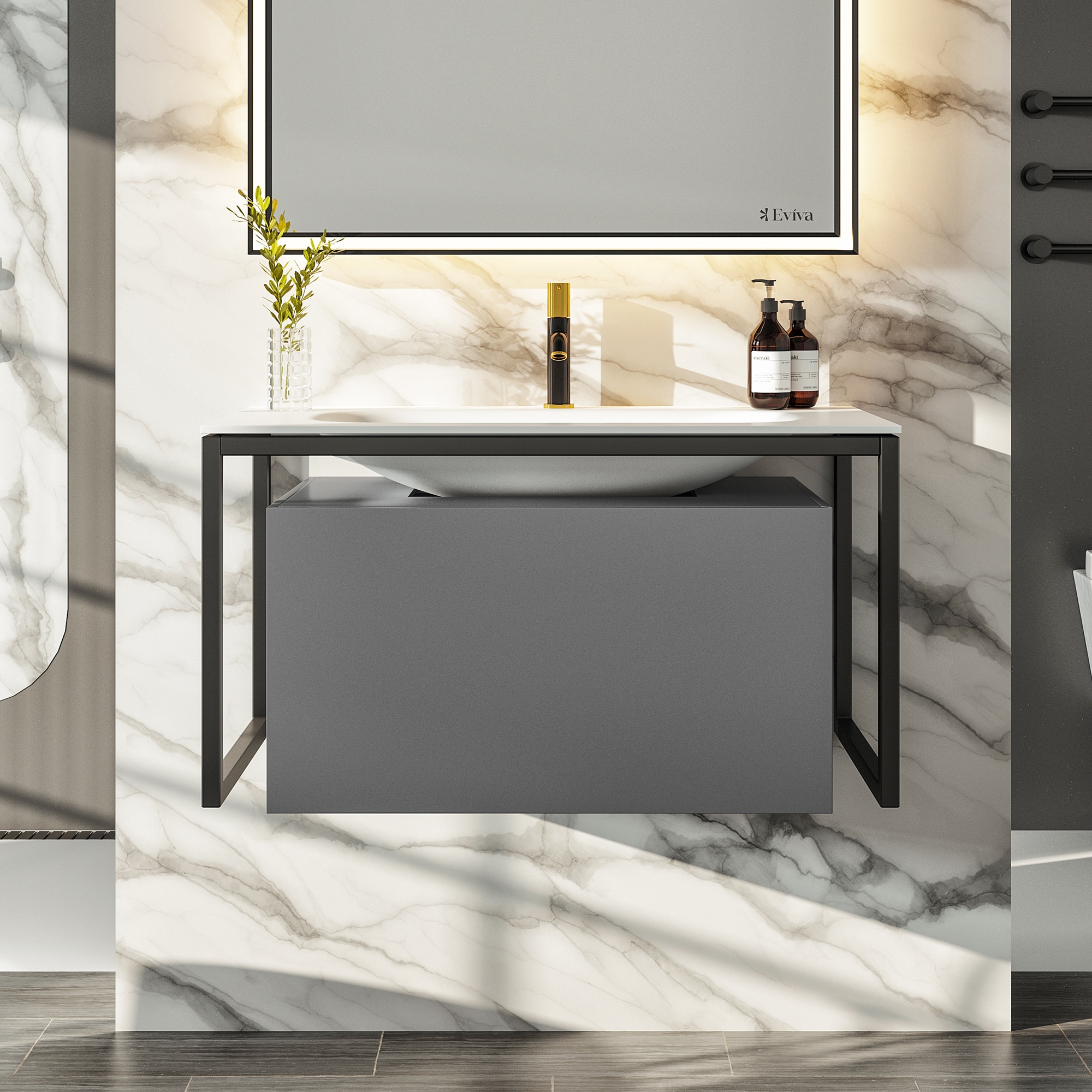 Eviva EVVN111-32GR Modena 31.7-in Gray Single sink Floating Bathroom Vanity with White Solid surface Top