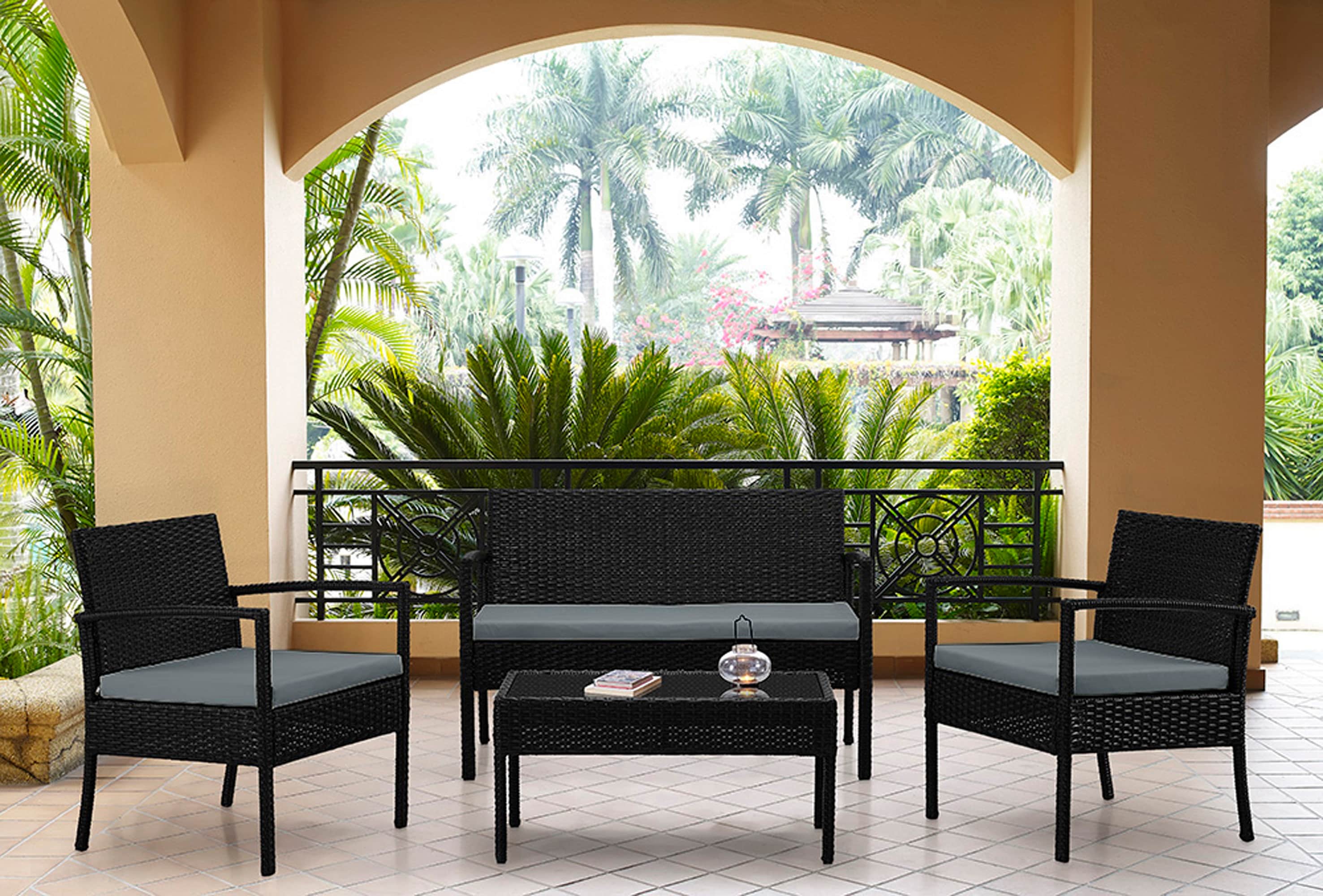 Manhattan Comfort OD-CV007-GY Imperia 4 -Piece Rattan Patio Conversation Set with Gray Cushions