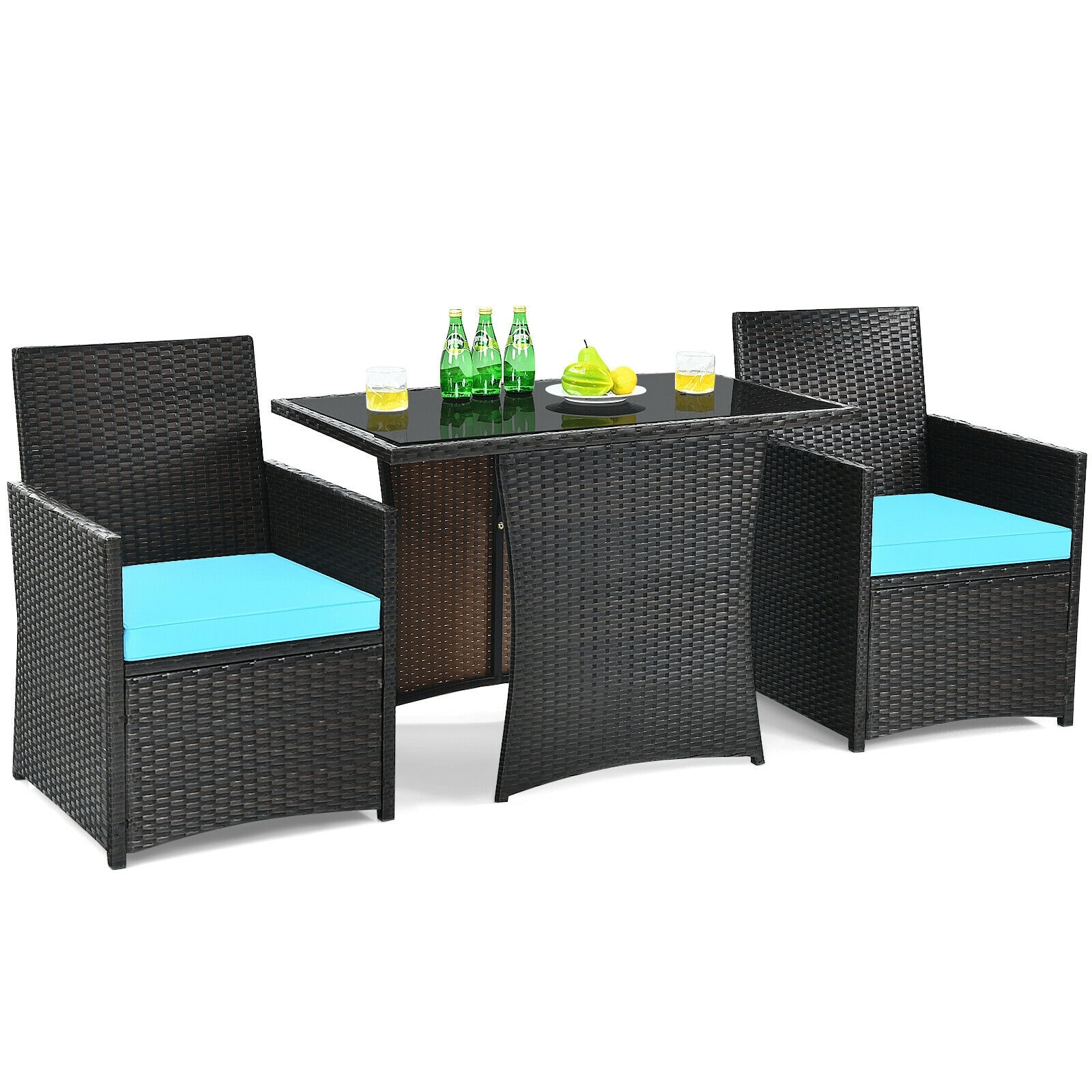 Clihome CWCH-HW68AC178TU Patio Conversation-Set 3-Piece Rattan Patio Conversation Set with Blue Cushions