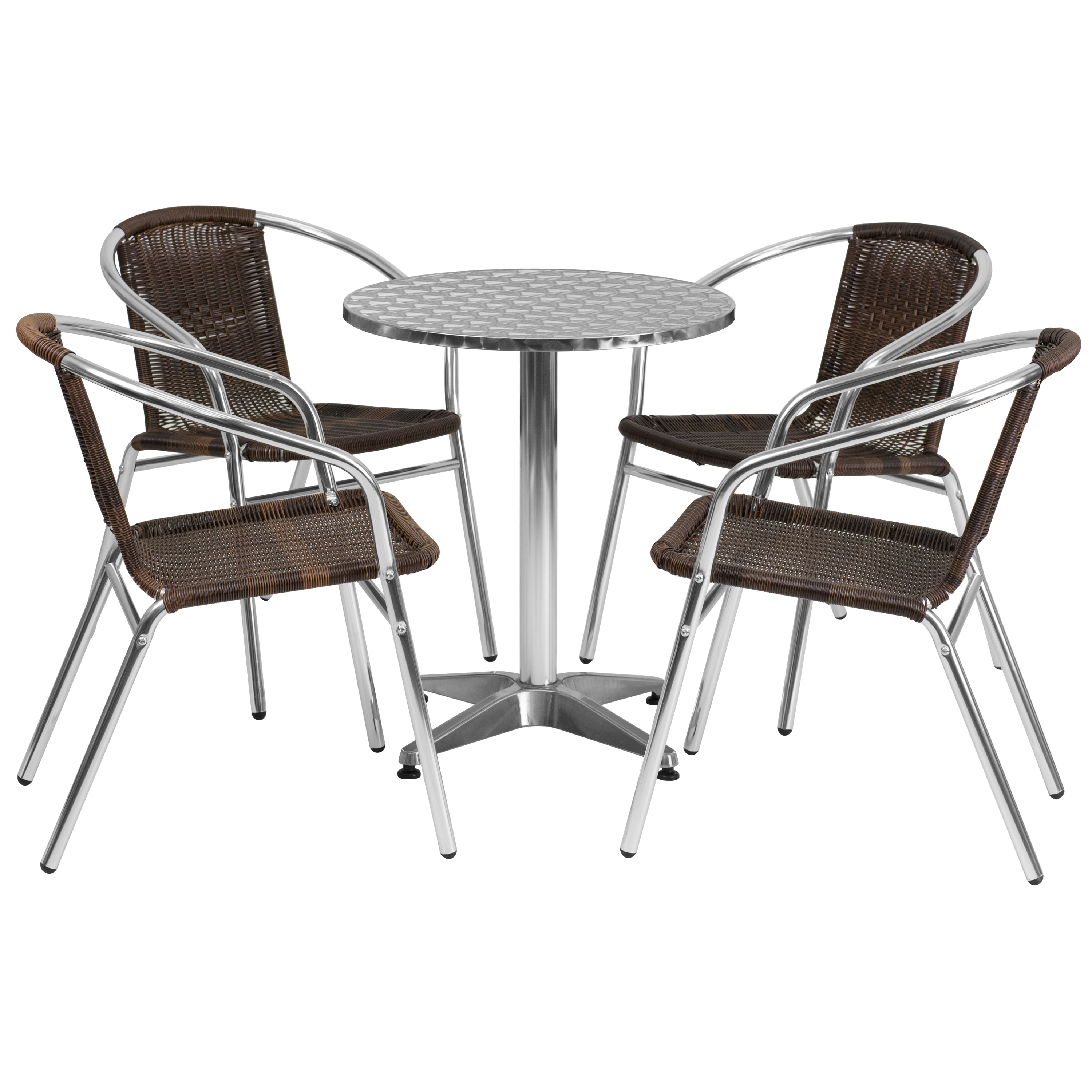 Emma + Oliver 889142721086 23.5-in Round Aluminum Table Set-4 Dark Brown Rattan Chairs