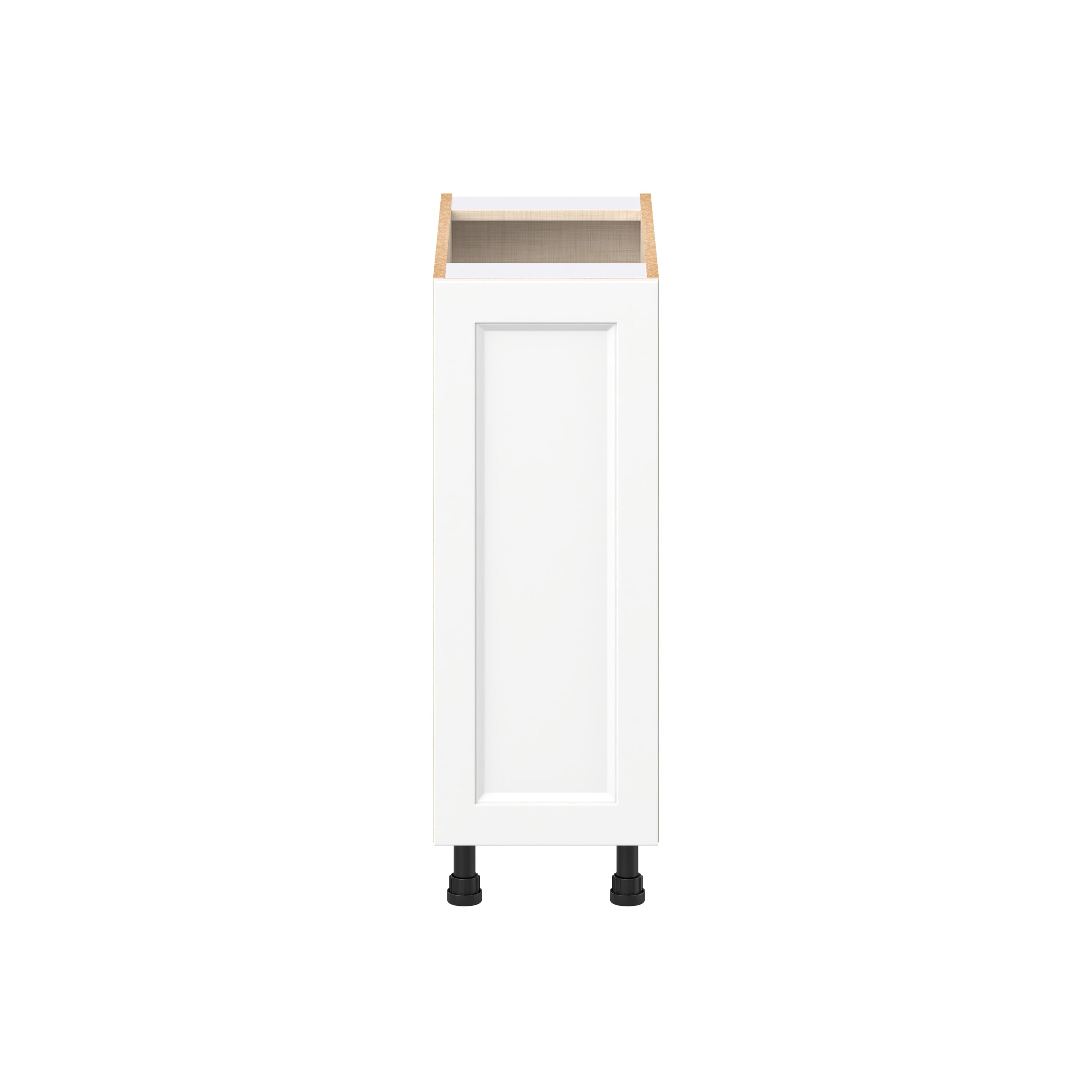 Front view of tall white cabinet with recessed panel door