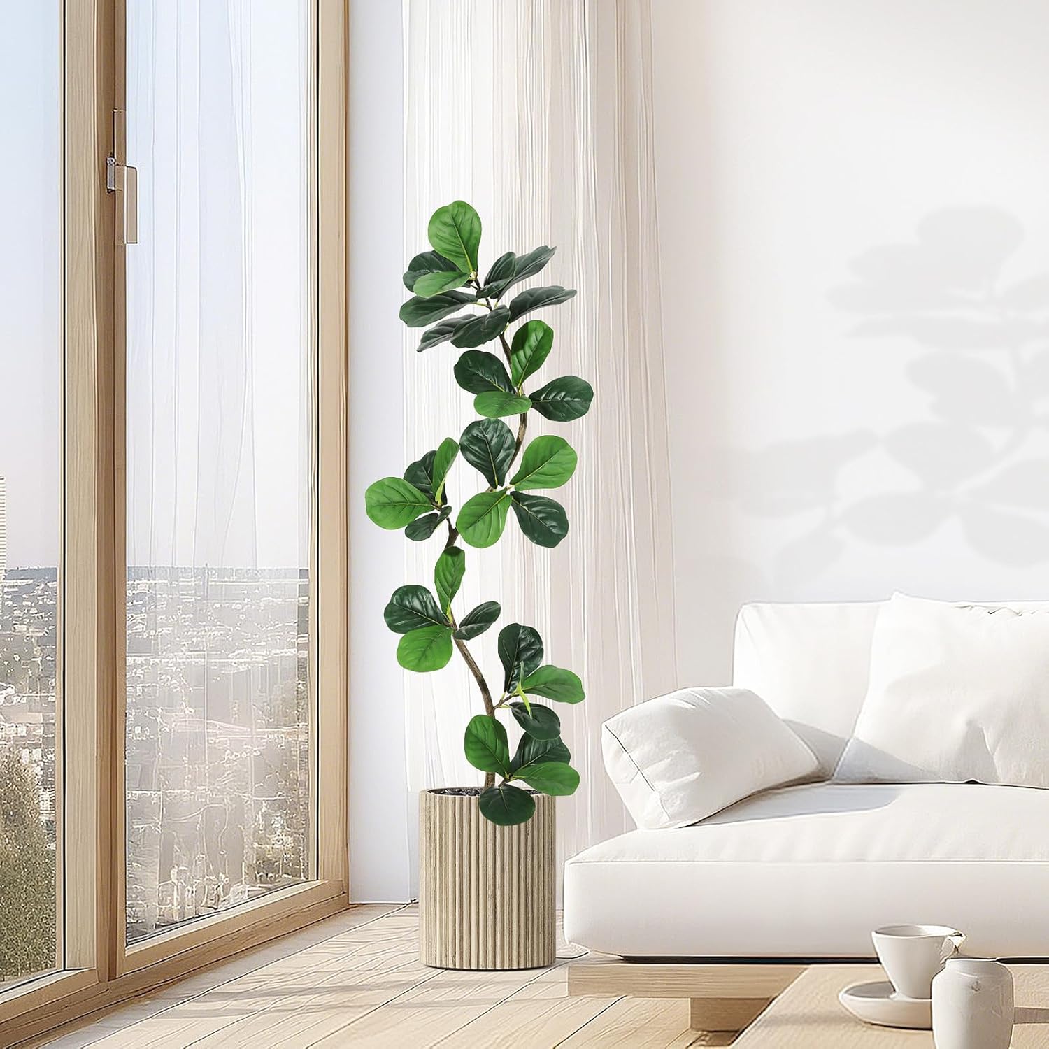 Qeetex DHZ-PHK-34W9NSXU Fiddle Leaf Fig Artificial Tree with White Planter 5ft Faux Plants Indoor with Moss Fake Rubber Tall Fake Floor Plant in Pot - Artificial Trees for Home Office Living Room Decor