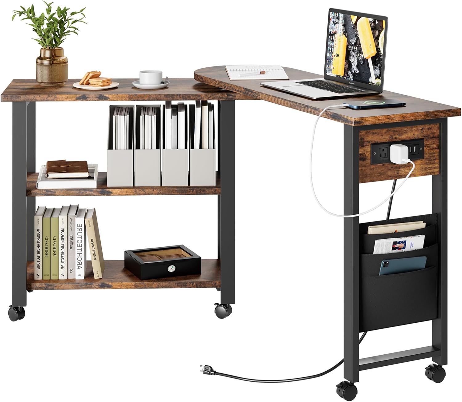 Qeetex LHF-BZ-PHO-0ZUW88AN Rotating Sofa Side Table 360 End Table with Charging Station Swivel Side Table with Extra Storage Bag Movable End Table with 6 Swivel Wheels with Brakes for Bedroom Living Room