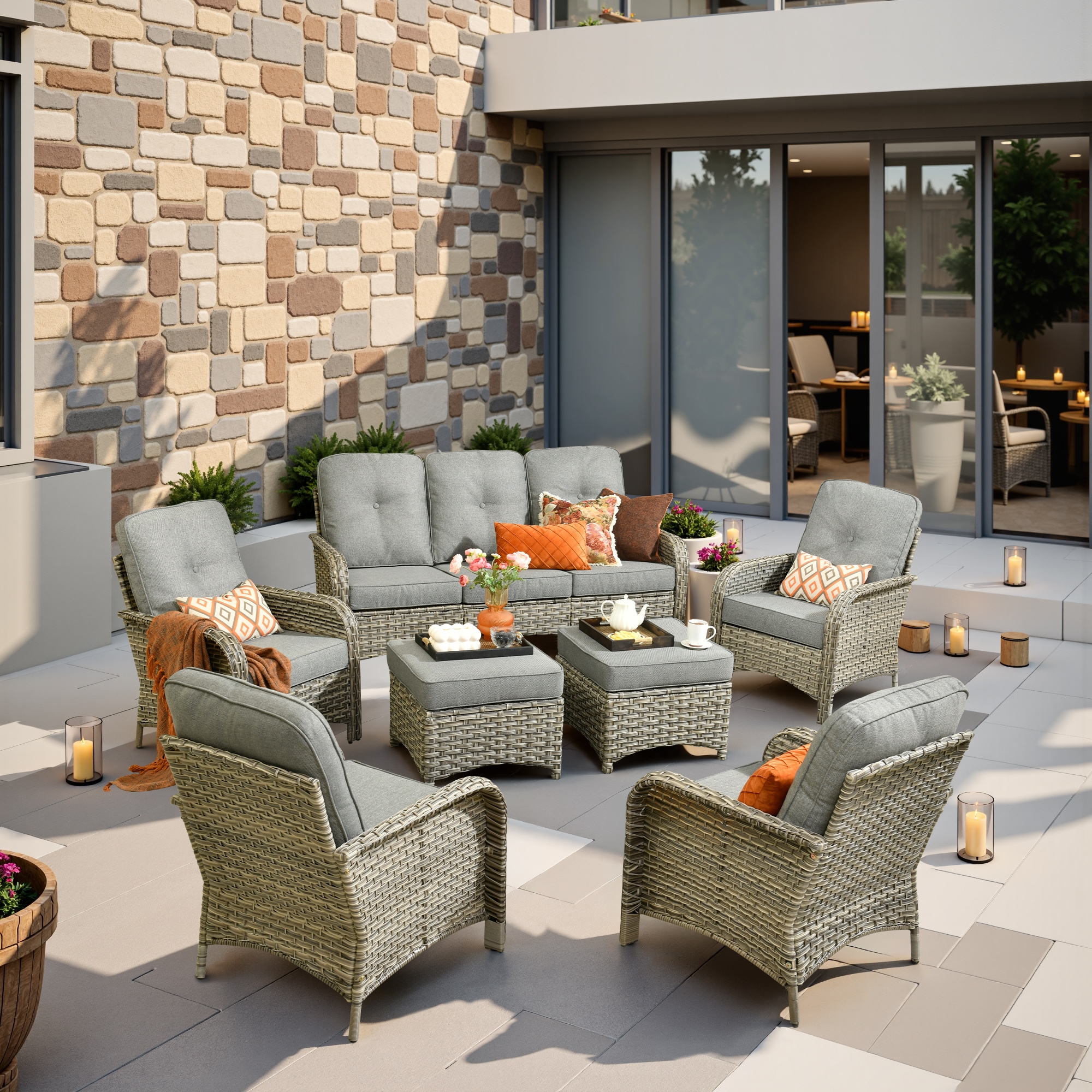 weaxty HMBVNC200S71 Belvoir 7 -Piece Wicker Patio Sofa Conversation Set with Gray Cushions