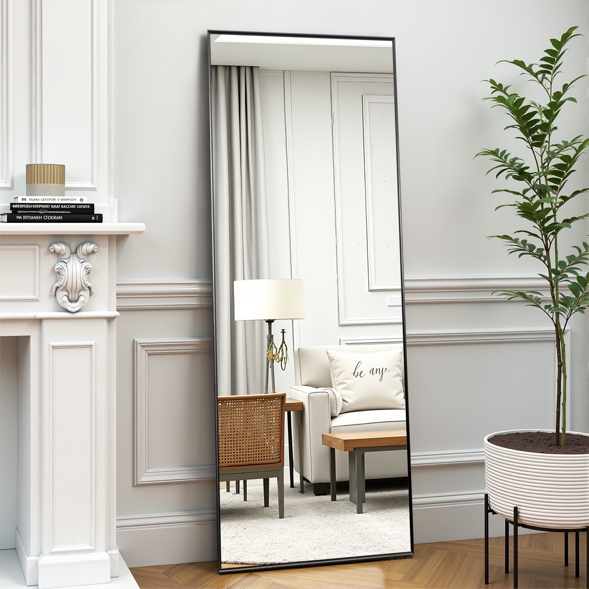 PexFix 65-in H x 22-in W Black Rectangle Mirror Full Length Metal Frame Floor Mirror with Stand Full Body Hanging or Leaning
