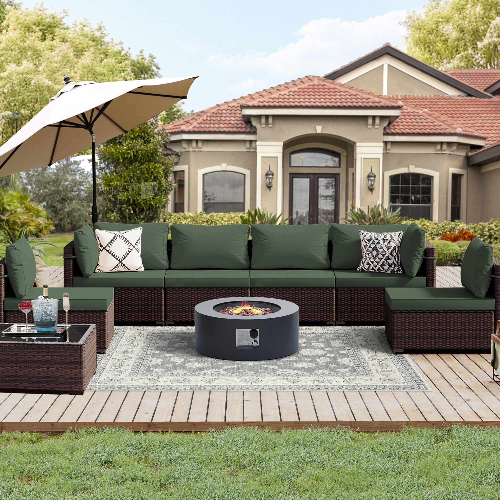 UPHA PL-2CZ-28DK-Z2 Brown Wicker Patio Furniture Set 8 -Piece Wicker 4 Patio Sofa Conversation Set with Green Cushions