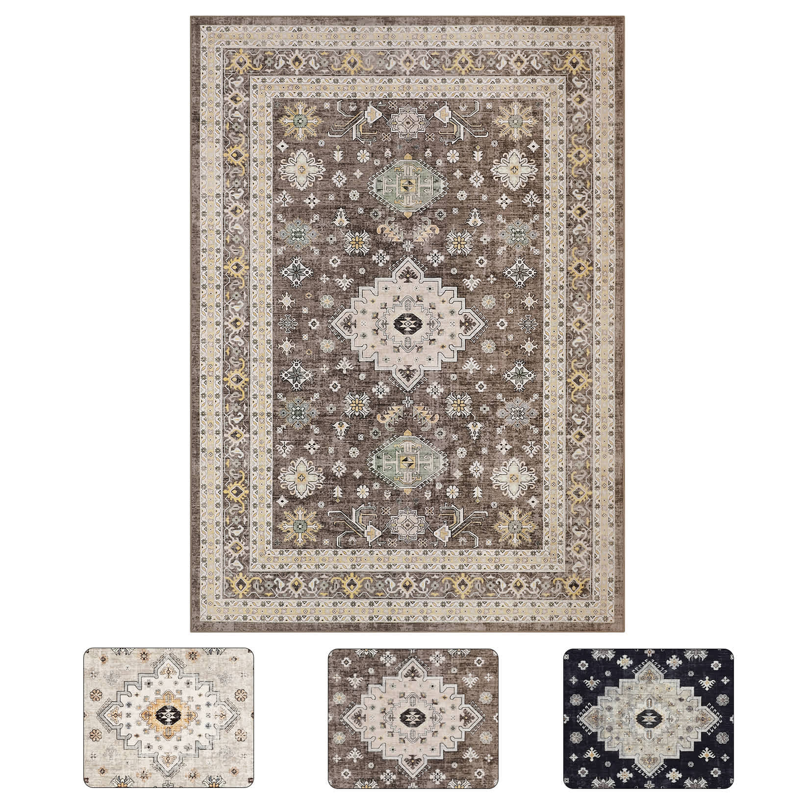 Qeetex LSN-PHO-33RNQJ58 8 x 10 ft Polyester Cashmere Brown Rectangular Hallway Bathroom Entryway Kitchen Office Foldable Flower Printed Persian Washable Area Rug