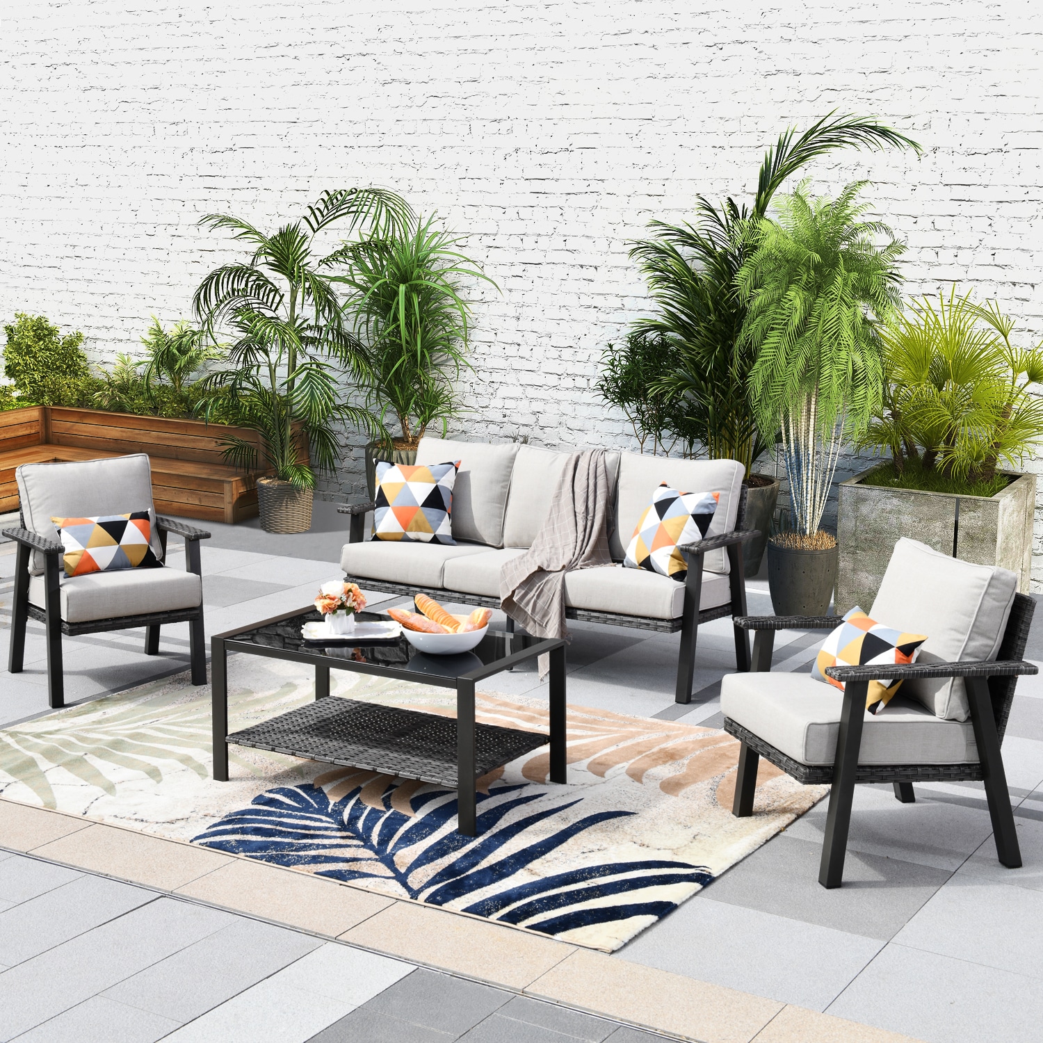 XIZZI XIHWA602 Taurus Rattan Outdoor Sectional with Off-white Cushions and Steel Frame