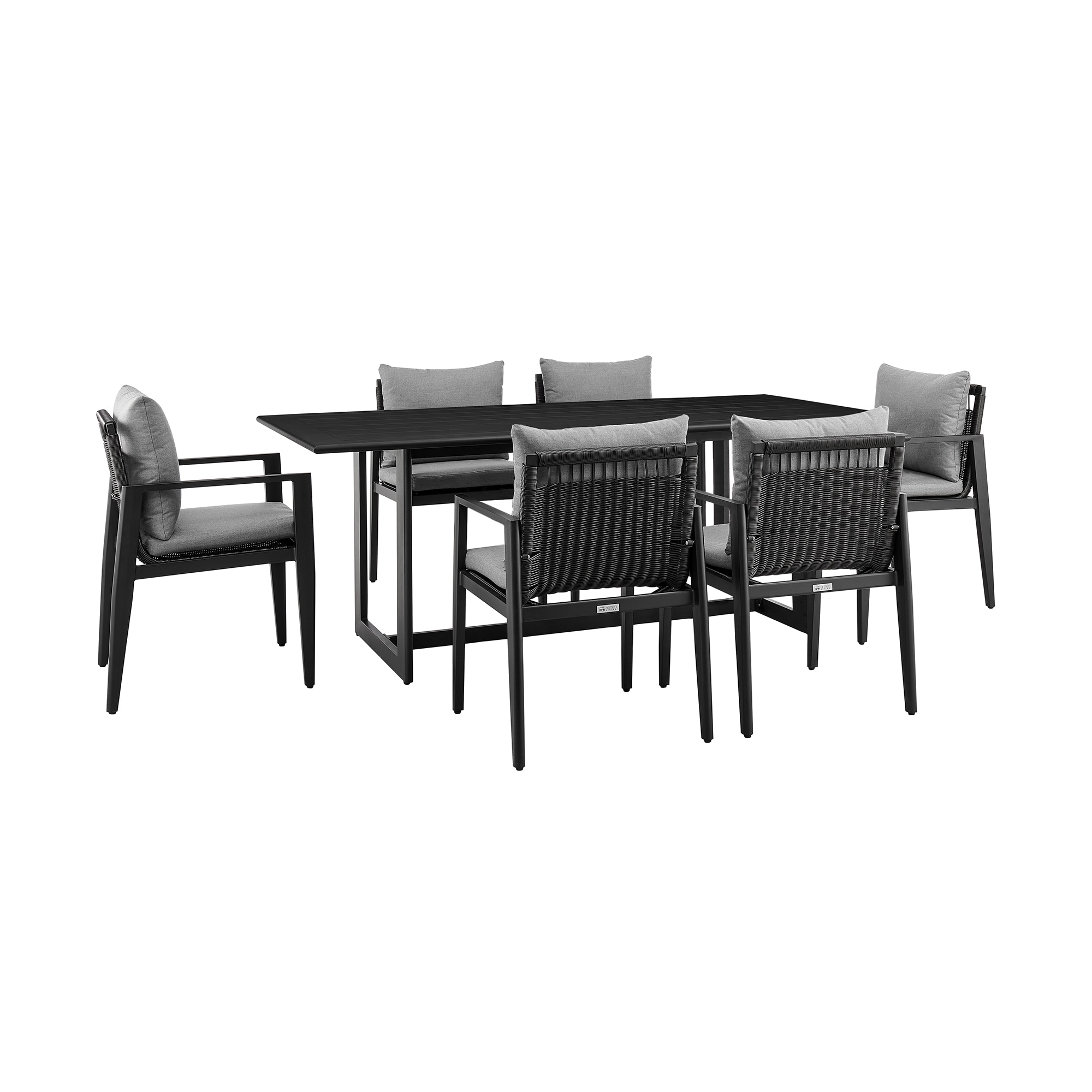 Armen Living SETODCA7BLGRY 7 -Piece Black Patio Dining Set Aluminum Rectangle Table with 6 Gray Cushions Stationary Chairs