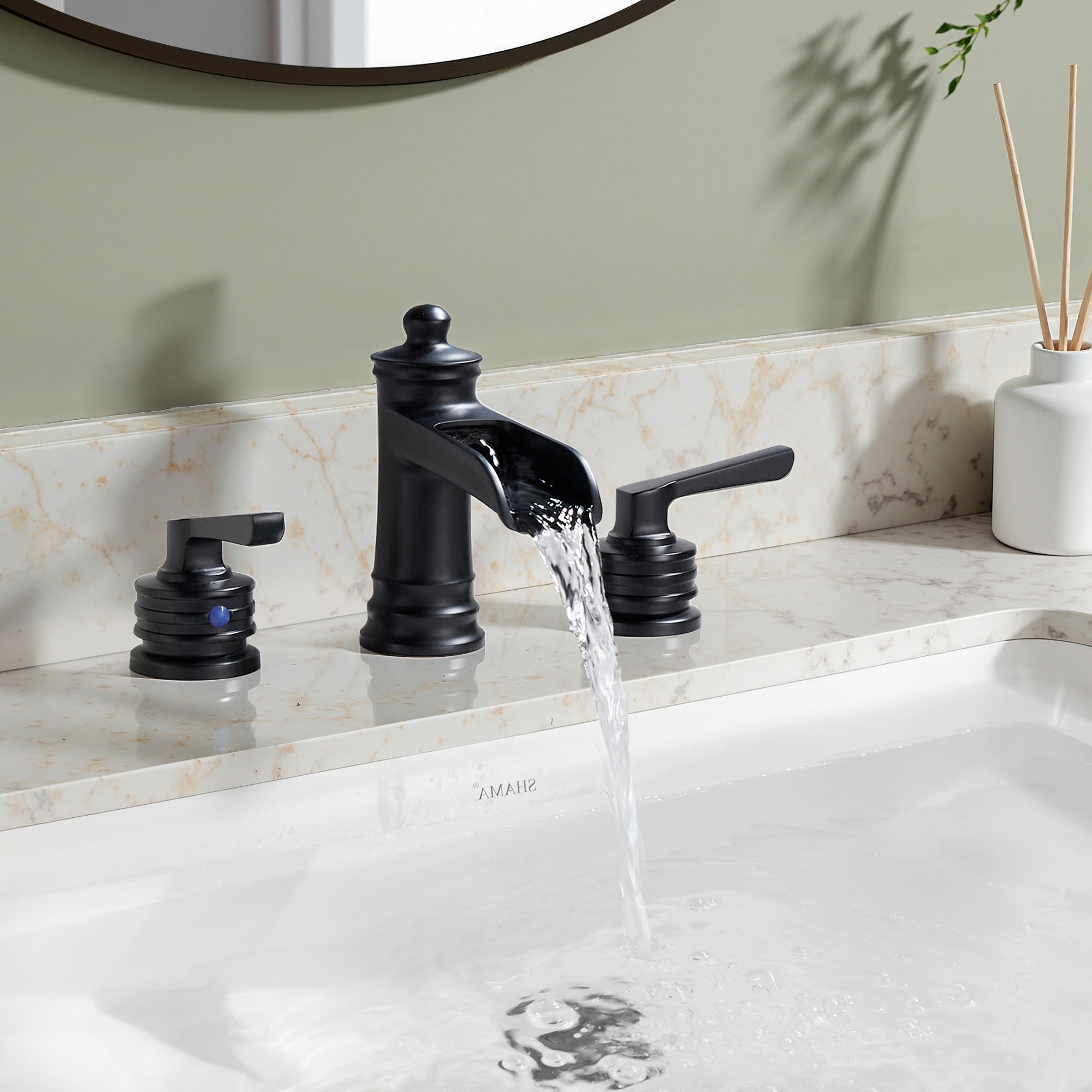 FURUISI LLA3119B Matte Black Widespread 2-handle Waterfall Commercial/Residential Handle Bathroom Sink Faucet with Drain