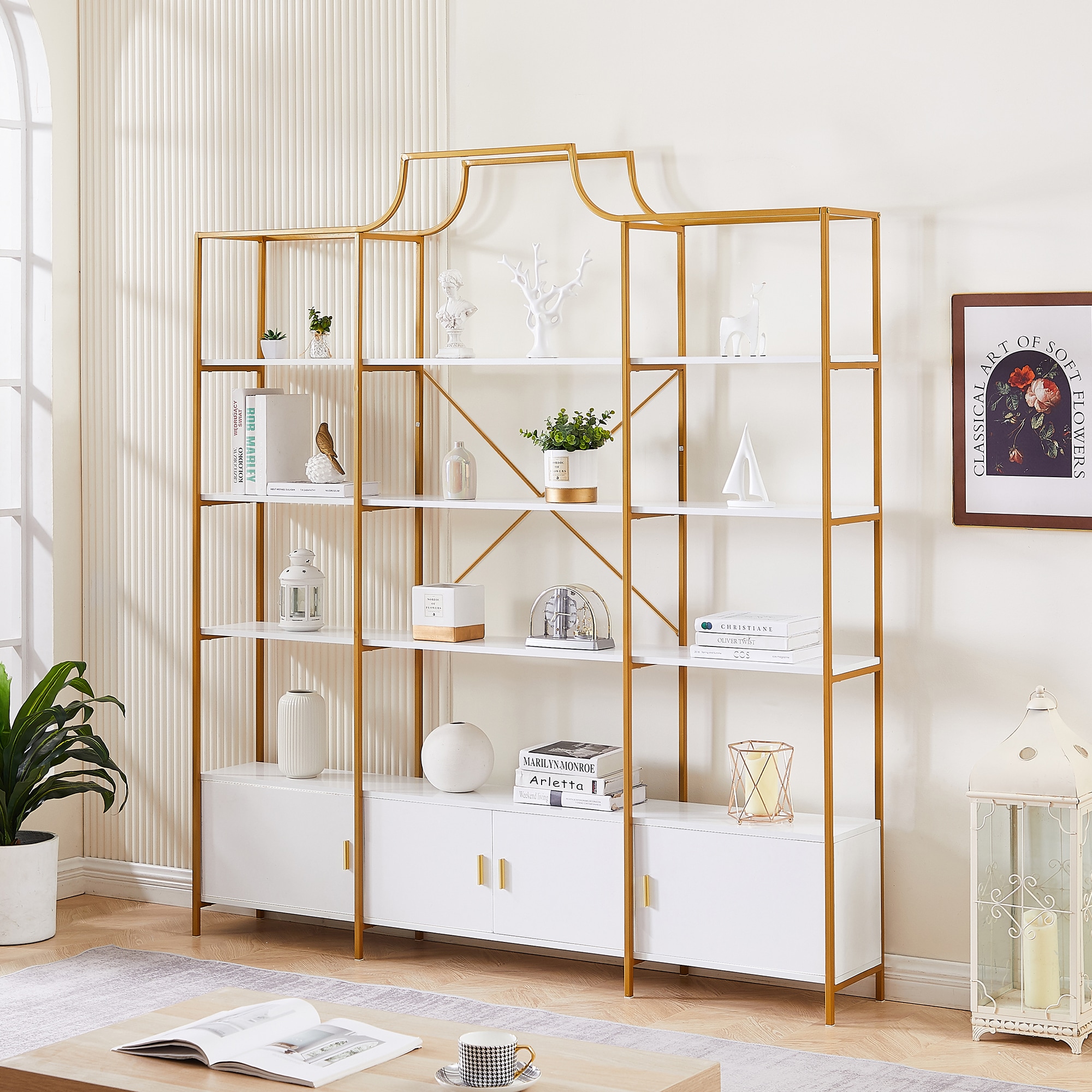 LOVMOR SF-Y-WF306848AAG 78 Inch 4 Tiers Home Office Bookcase Bookshelf Storage Cabinet Display Shelf X Bar Gold Frame