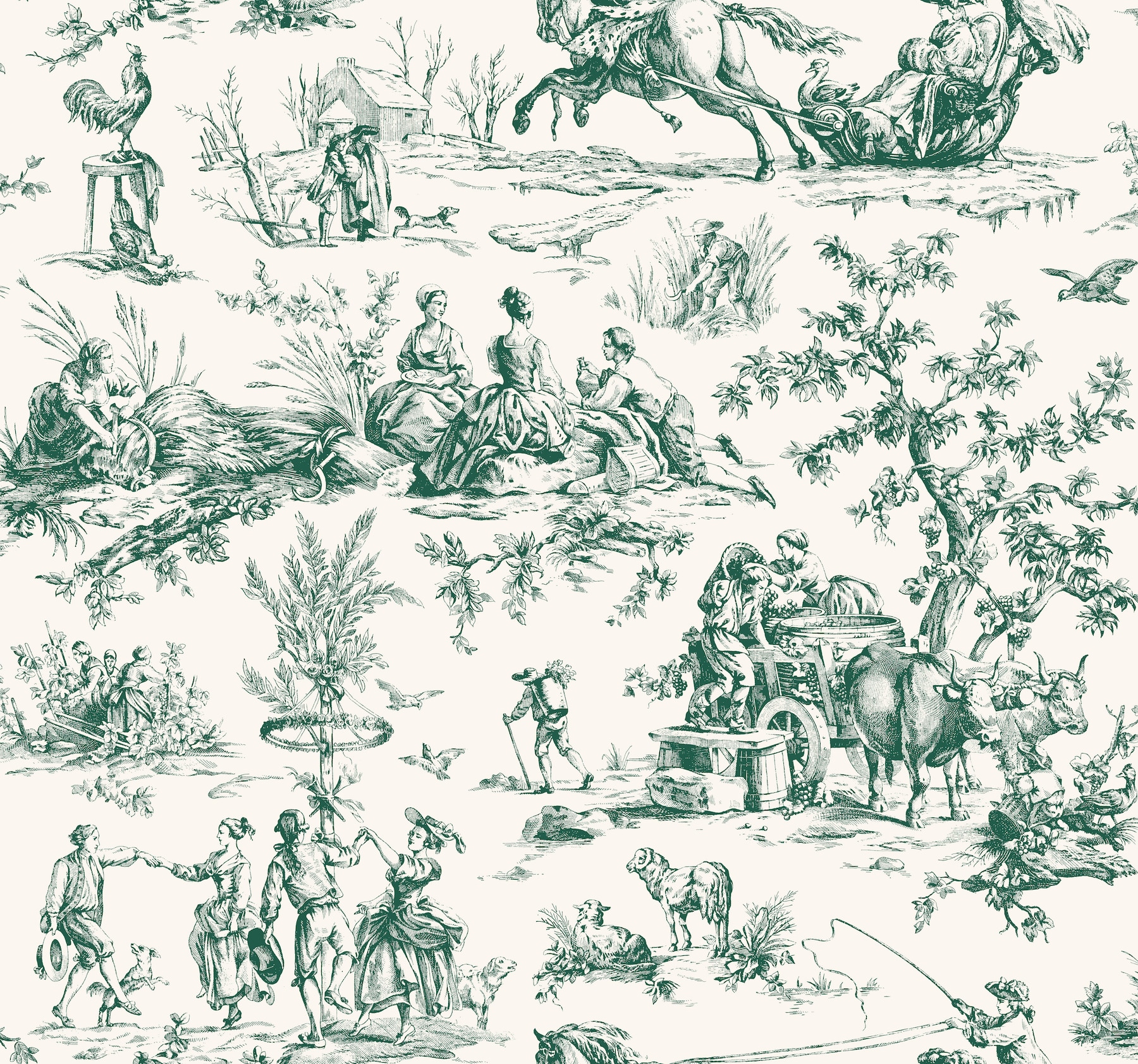 York Wallcoverings GR5924 Grandmillennial 60.8-Sq. Feet Green Non-woven Toile Prepasted Water Activated Paste Wallpaper