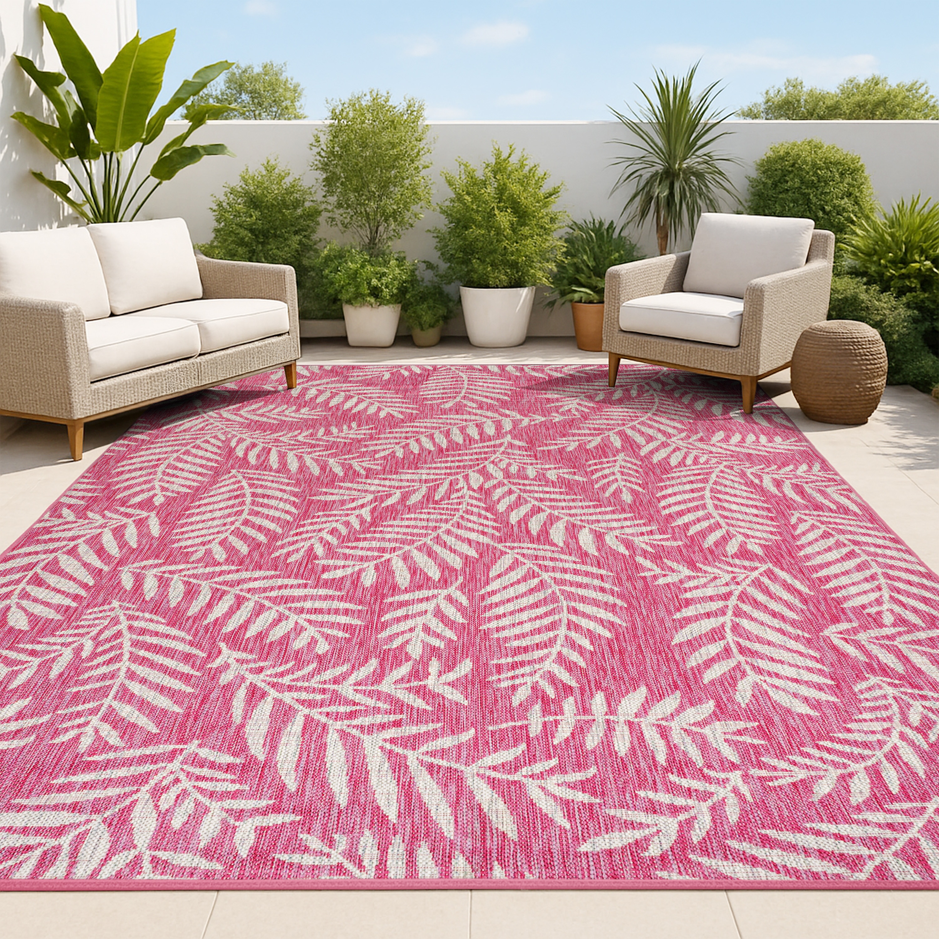 JONATHAN  Y SMB119F-8 Santa Monica Nevis Palm Frond 8 x 10 (ft) Loomed Polypropylene Fuchsia/Light Gray Rectangular Indoor/Outdoor Floral/Botanical Coastal Area rug