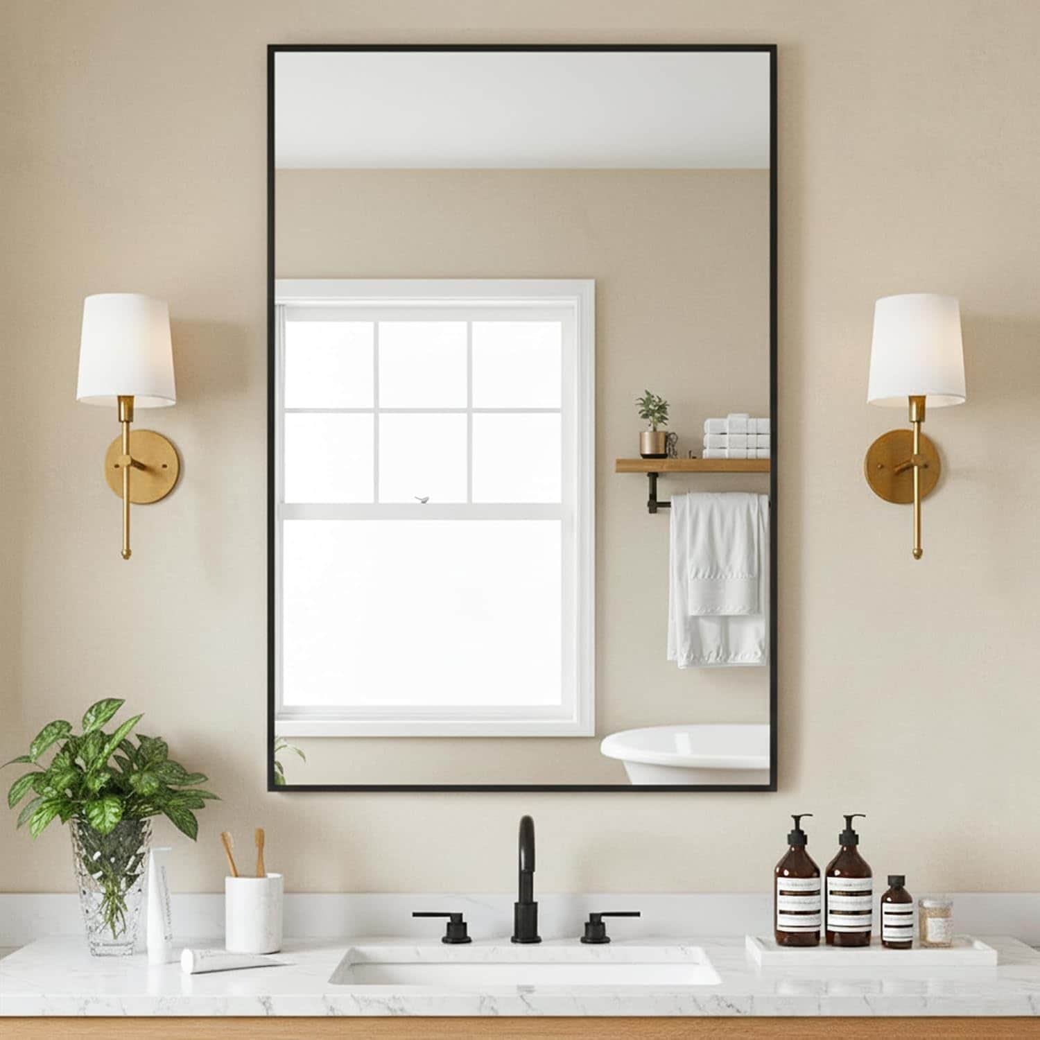 Fredees 24 x 36 Inch Rectangular Wall Mirror with Black Aluminum Frame - Tempered Glass Vertical or Horizontal Mount for Bathroom Vanity Bedroom or Entryway