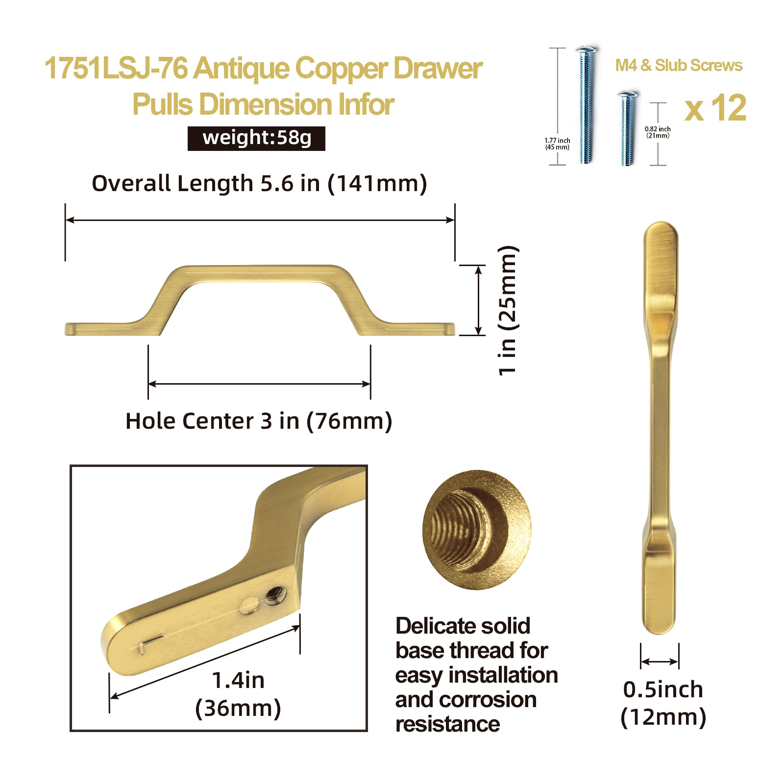 Brushed Gold Modern Arch Handle Bar with Mounting Hardware
