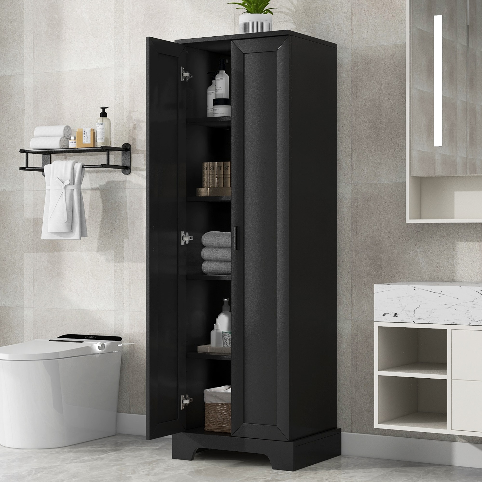 Tatayosi XH-81207B Black Storage Cabinet 2 Doors Adjustable Shelf MDF Board for Bathroom Office