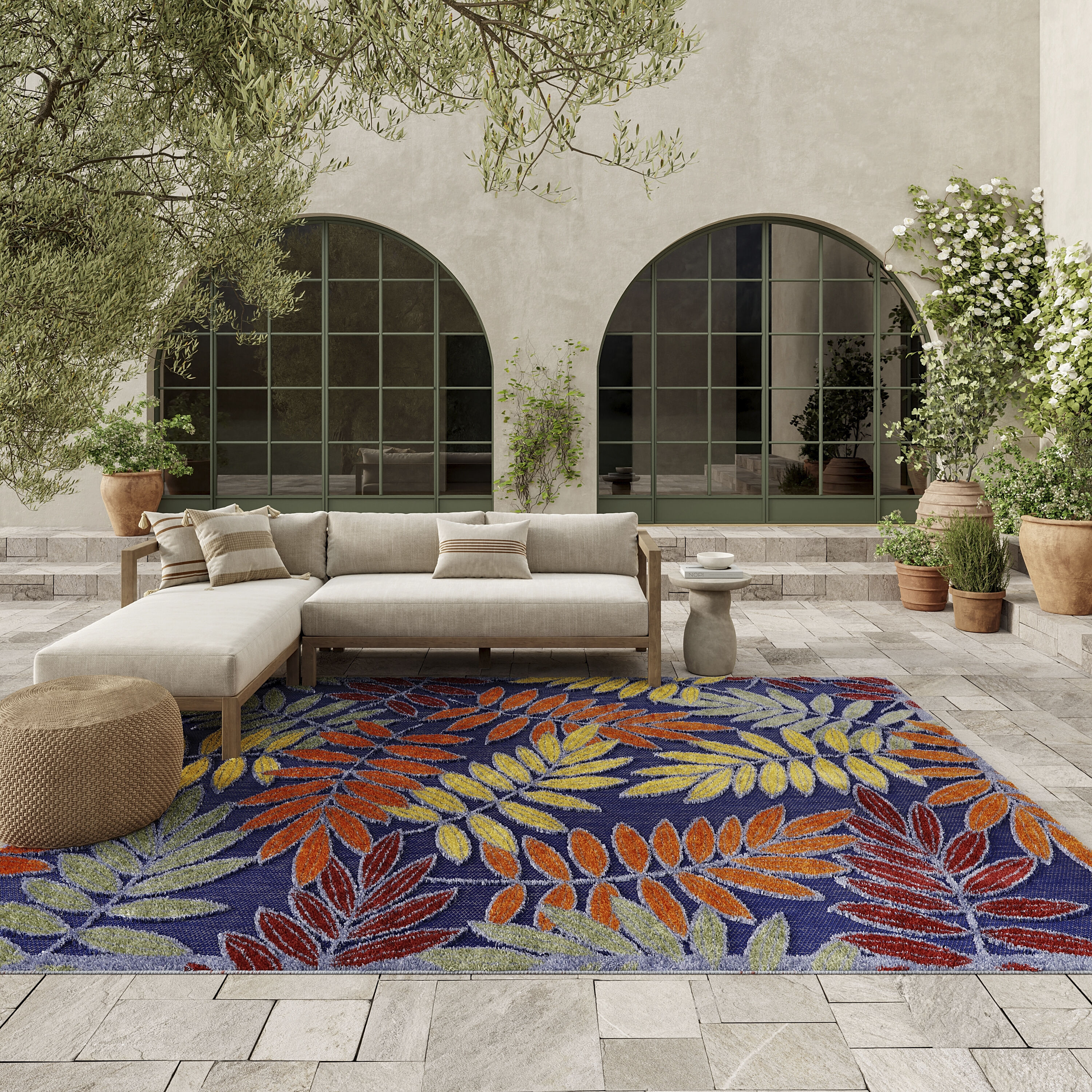 Nourison Home 099446921666 Aloha 9 x 12 (ft) Loomed Polypropylene Navy Multicolor Rectangular Indoor/Outdoor Floral/Botanical Tropical Area rug