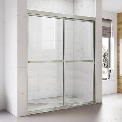 Wellfor Double Sliding Shower Door 55 In To 59 W X 56 H Semi Frameless Brushed Nickel Soft Close Standard Clear Glass The Doors Department At Com Wellfor Double Sliding Shower Door 55, 42 Inch Sliding Shower Door Lowe S