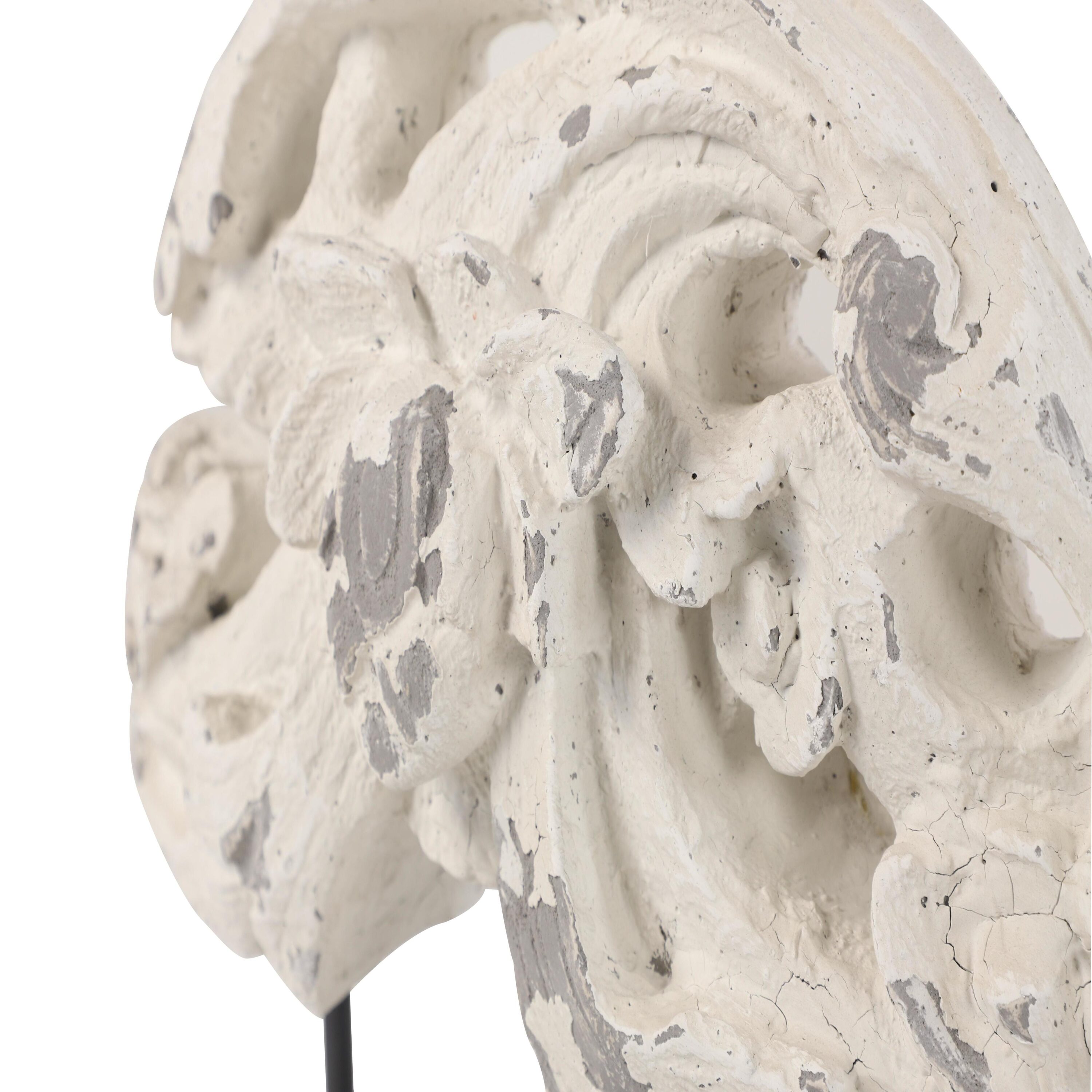 Distressed White Metal Acanthus Sculpture on Stand