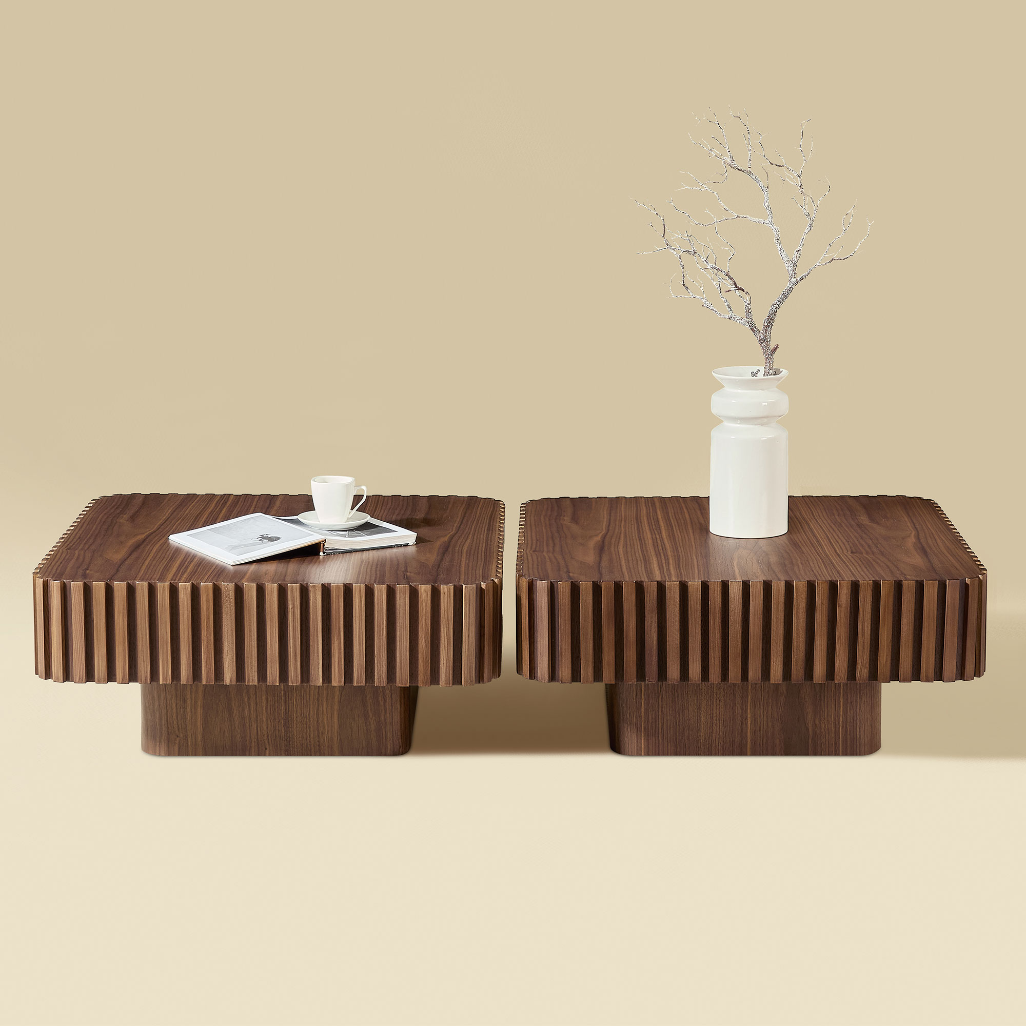 2Pcs Set 32 Inch Modern Handcraft Drum Coffee Table Square Coffee Table For Living Room Small Wooden Coffee Table With Sturdy Mdf Pedestal Walnut Color