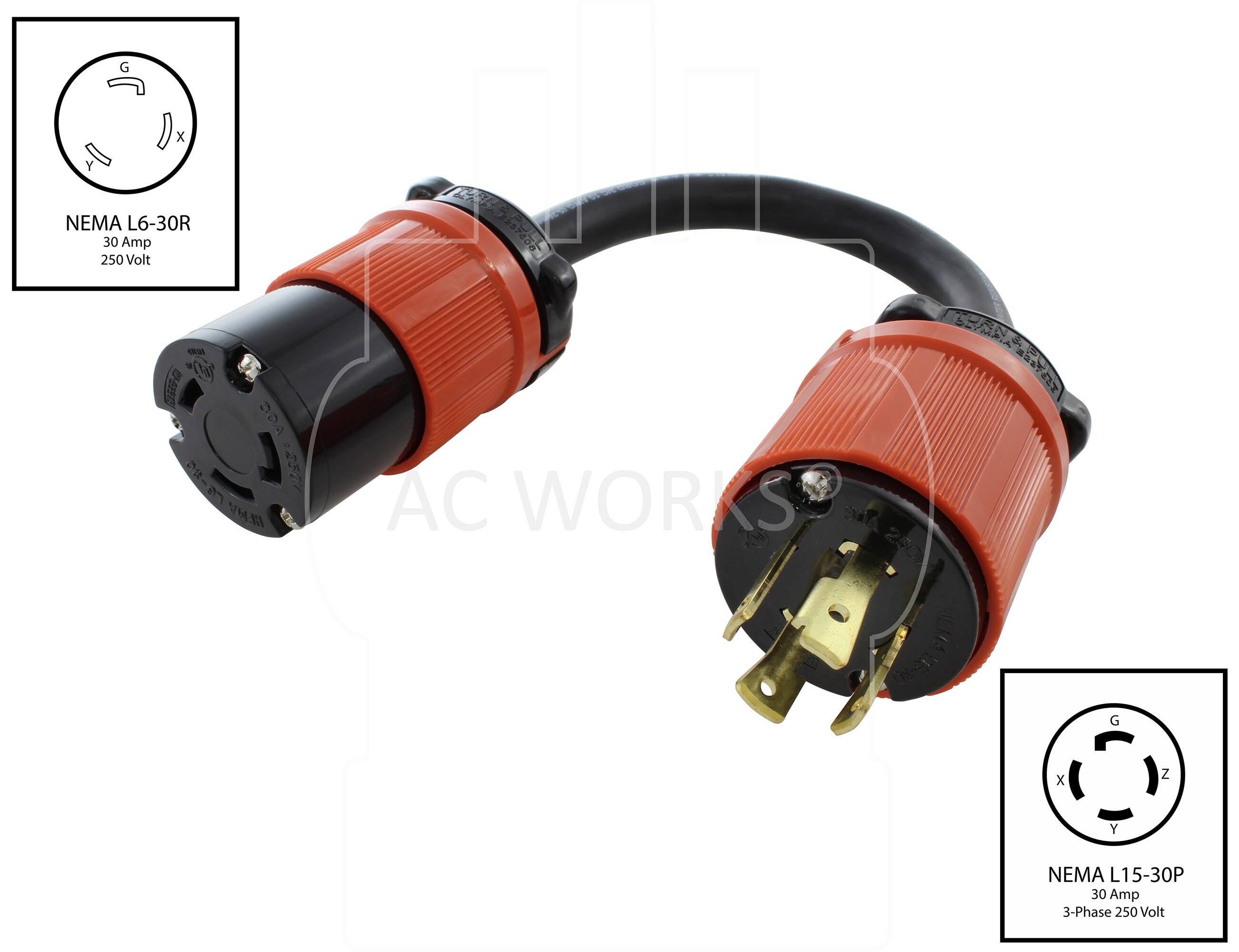 Ac Works 1ft Nema L15 30p To Nema L6 30r 30 Amp 4 Wire To 3 Wire Grounding Single To Single 