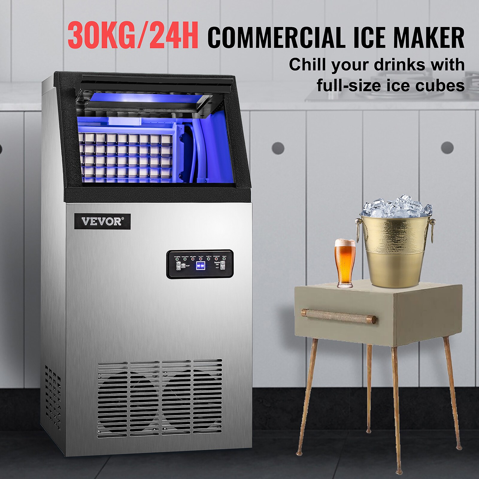 VEVOR 22-lbStorage Ice Maker 110-lb Flip-Up Door Freestanding for Commercial Use Cubed Ice Maker (201 Stainless Steel) | 60KGSYZBJ00000001V1