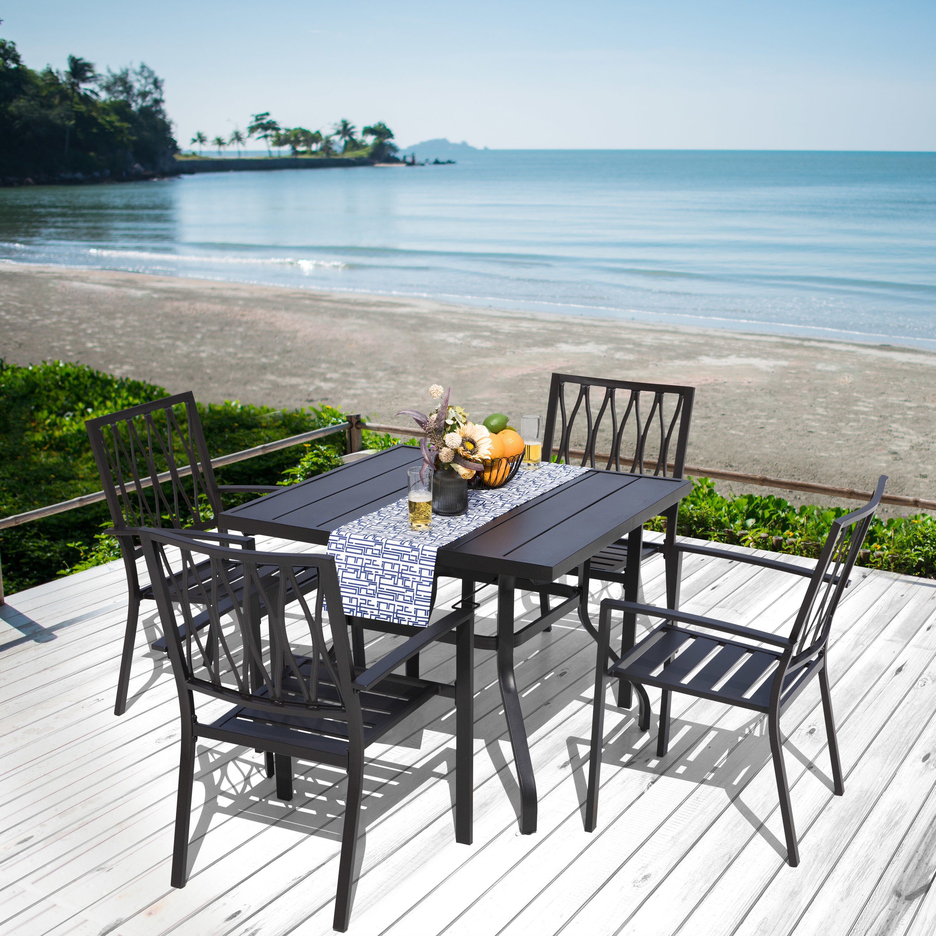 Nuu Garden 5 Piece Black Patio Dining Set With Stackable Chairs And